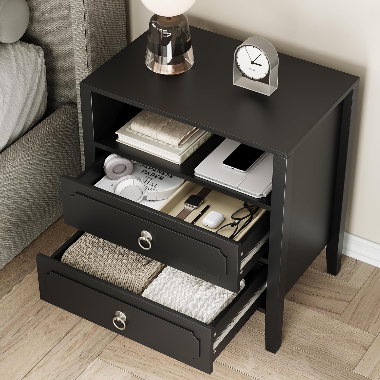 Modern Transitional Black Nightstand with Charging Station, 26 Inch Tall Bedside Table with 2 Drawers, Open Shelf, USB Ports & Outlets for Bedroom or Apartment