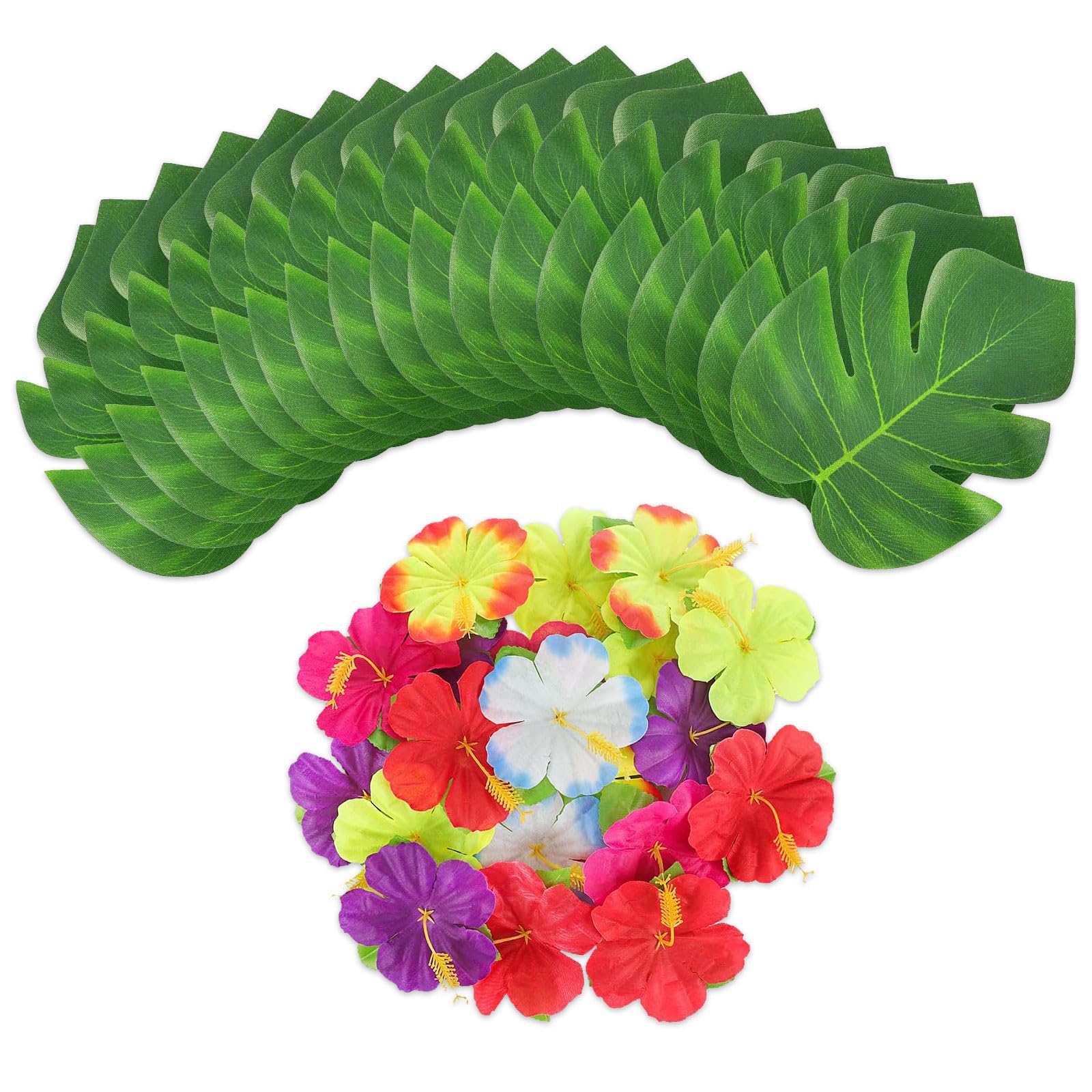Tropical Party Decorations - 60Pcs Imitation Palm Leaves & Hibiscus Flowers, Hawaiian Luau Safari Party Jungle Beach Theme BBQ Birthday Table Decor