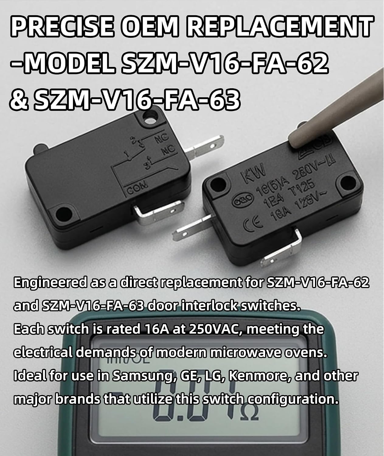 SZM-V16-FA-61 SZM-V16-FA-63 Microwave Door Interlock Switch 16A 250VAC – 8 Pack (4 Normally Open + 4 Normally Closed) – Kit for Microwave Not Heating, Door Error, Fan Running –Restores Safety Function