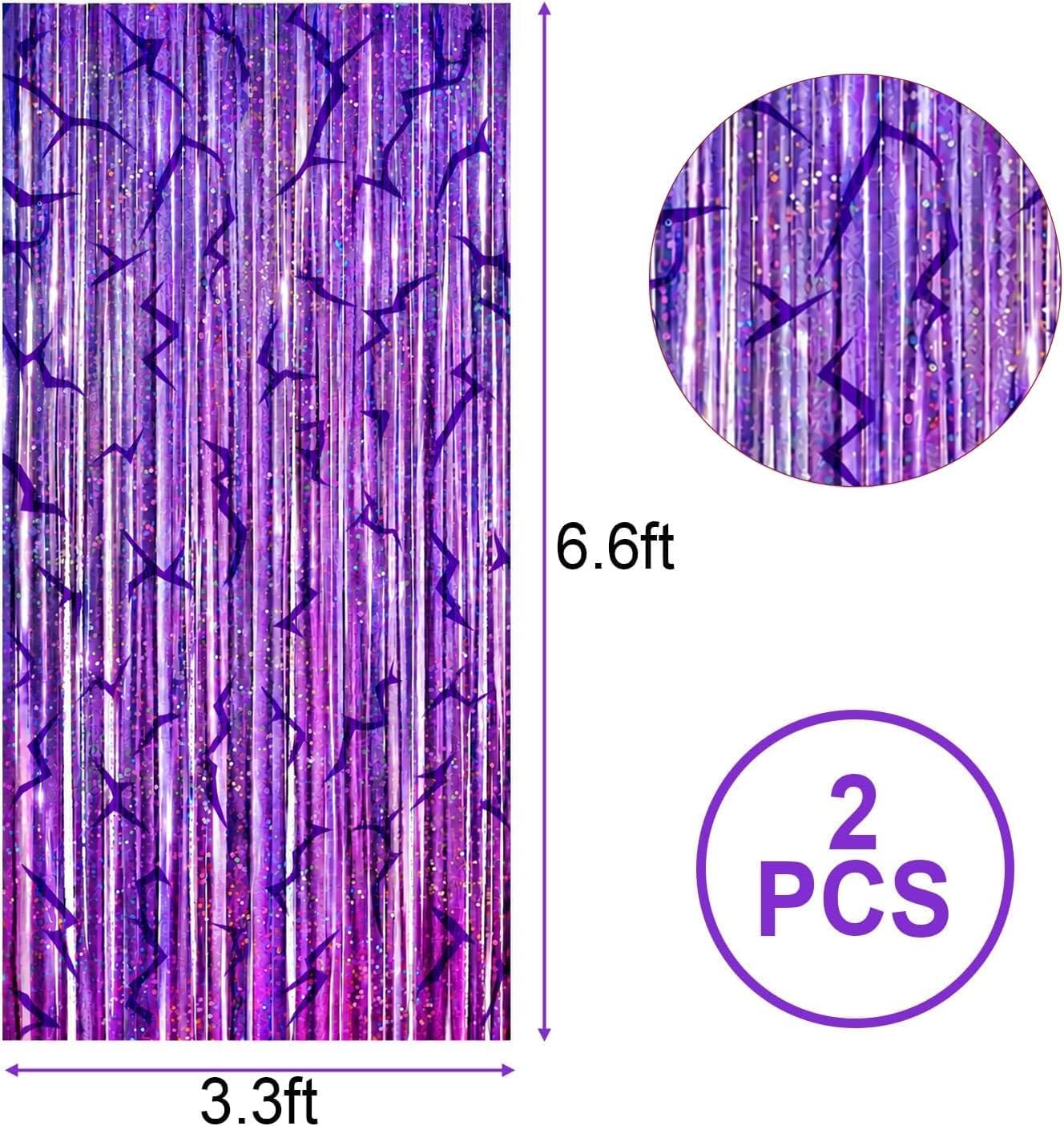 K-Style Purple Foil Fringe Curtains Party Decorations - 2 Pack 3.3 ft x 6.6 ft Energy Pattern Foil Party Curtain for Girls Disco Bachelorette Party Supplies
