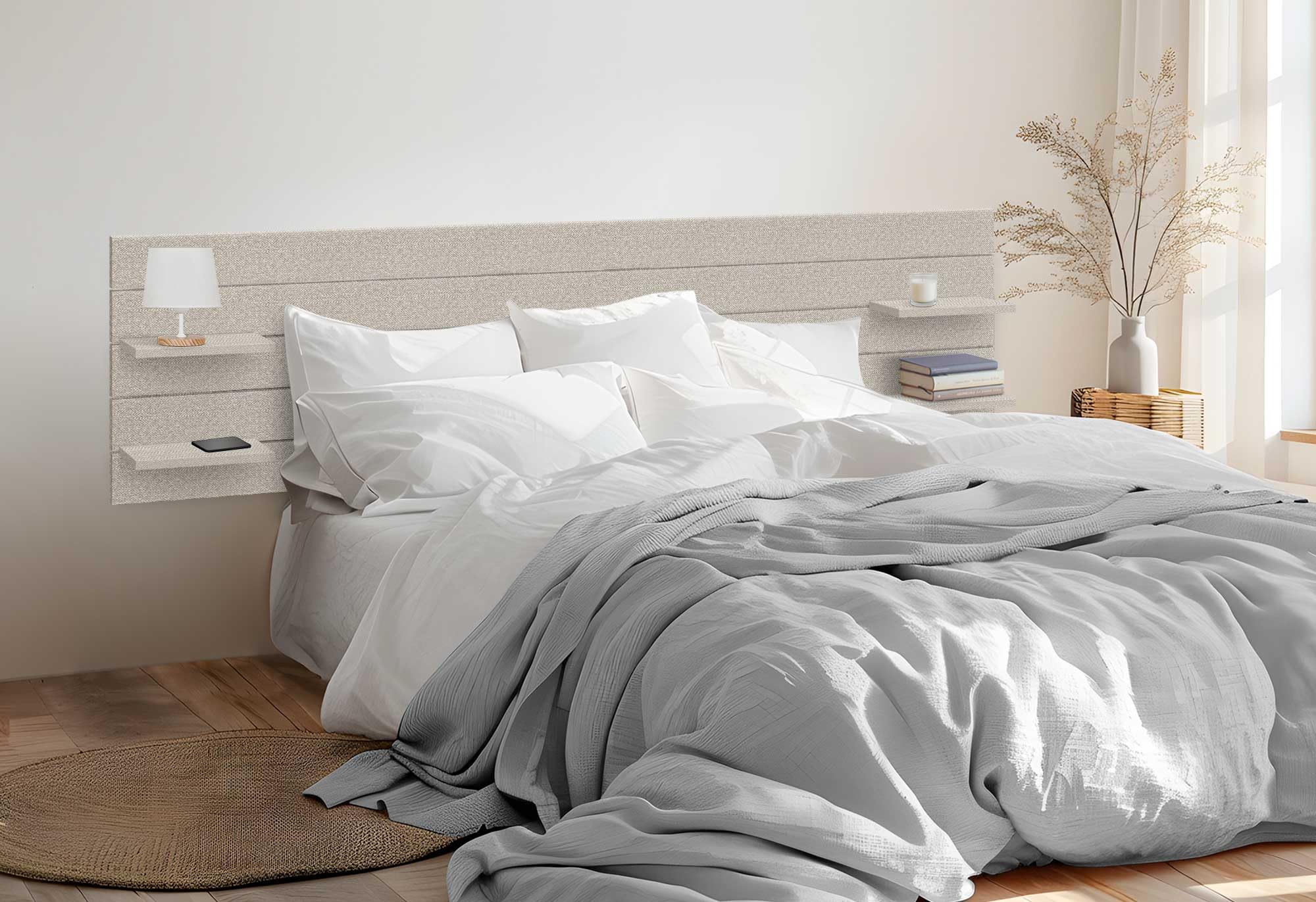 DHOME Cabecero de Madera Reciclada DM con Estantes Estilo Palet Mesita de Noche Baldas Cama Nordico Herrajes incluidos (Palet Horizontal, Espigas Beige, 210cm)