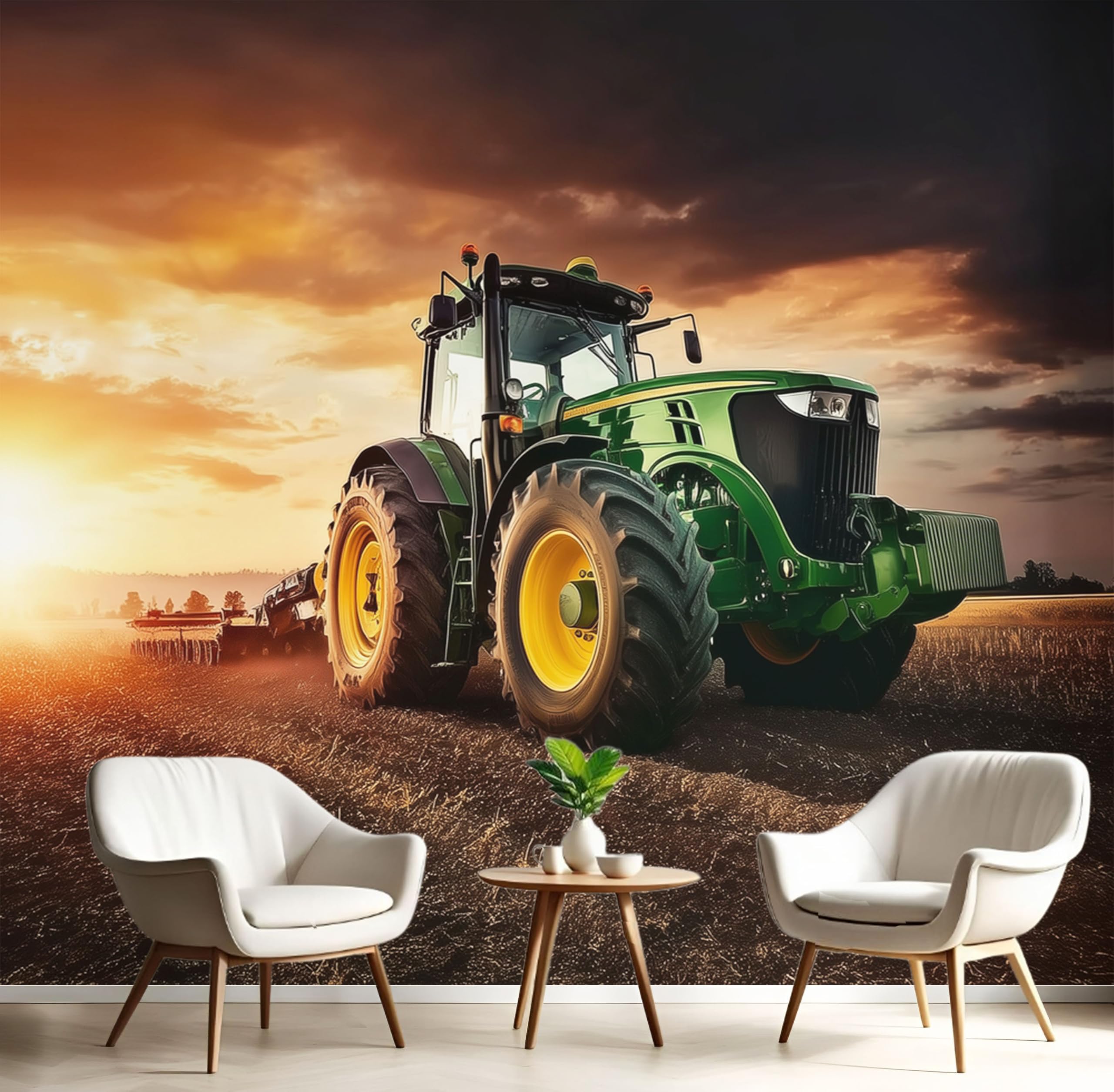 Papel pintado tractor de campo de trigo fotomurales de pared salón dormitorio niños color ámbar