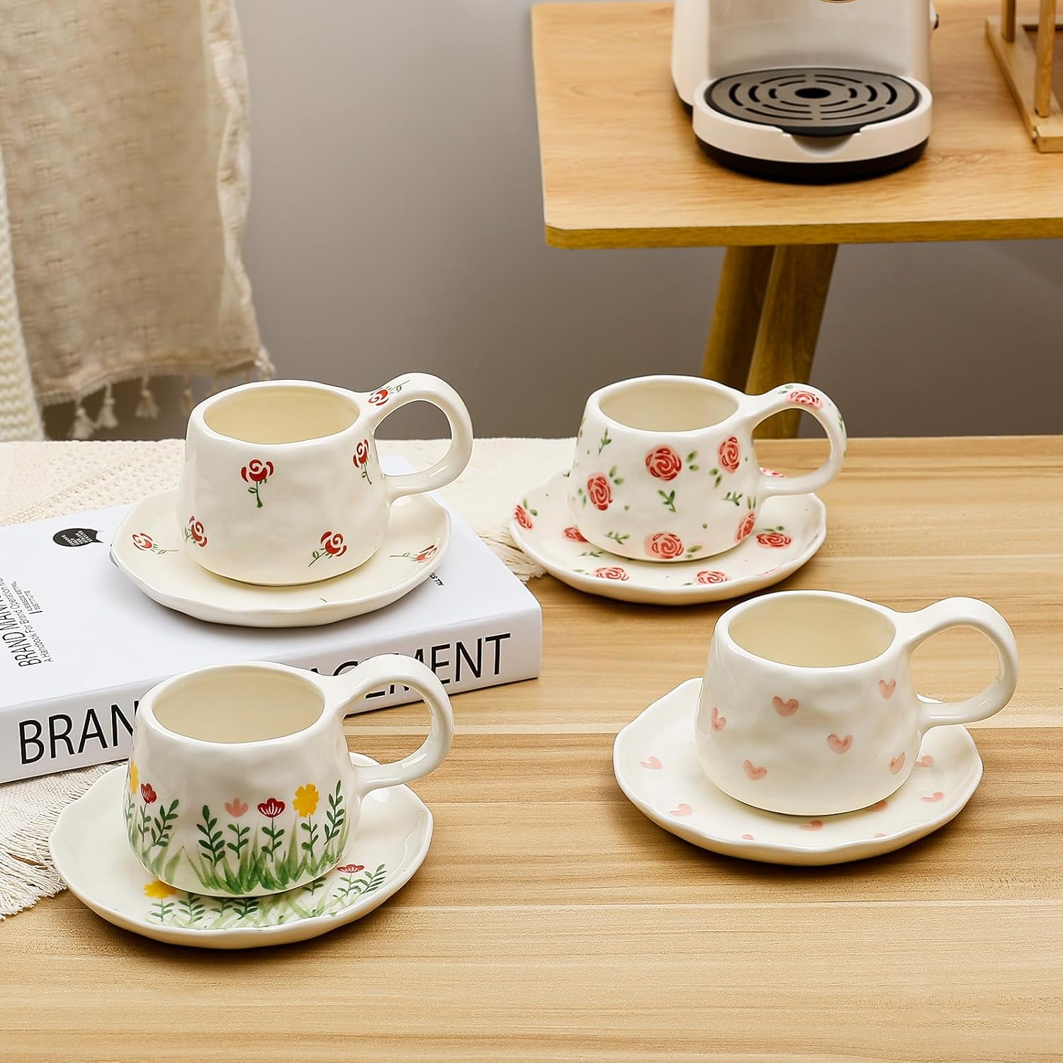 Koythin Ceramic Coffee Mugs Set with Saucer, 250ml / 8oz Cute Floral Coffee Mug Irregular Latte Art Cup, Coquette Cups for Cappuccino, Cocoa (Hand Drawn Flower Fields) - Image 6