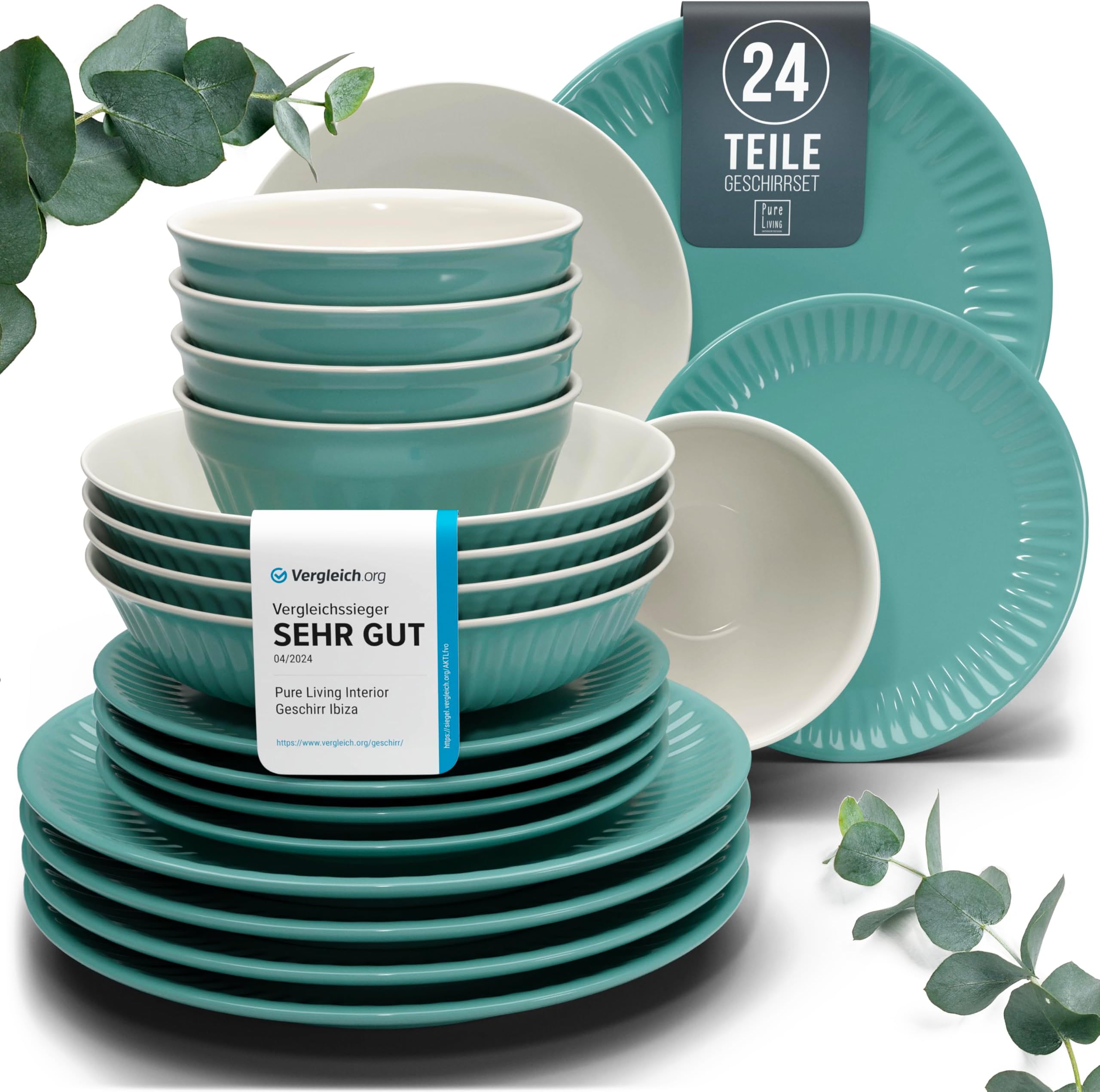 食器24点セット - ボウルとプレートセット - ストーンウェアダイニングセット 6人用 - 食器洗い機と電子レンジ対応 - ガソリンの溝付きダイニングサービス