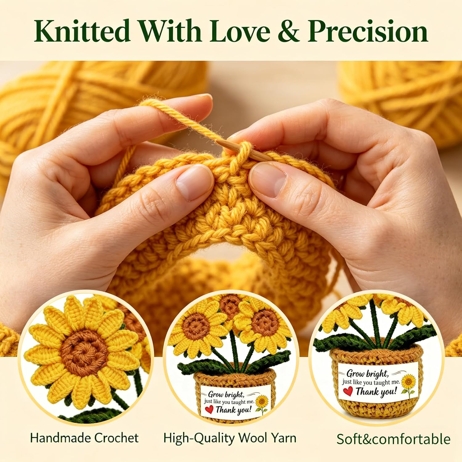 Teacher Appreciation Gifts for Women - Mini Positive Sunflower Crochet with Card - Appreciation Thank You Teachers Day Birthday Graduation Retirement School Gifts for Teachers Students Women