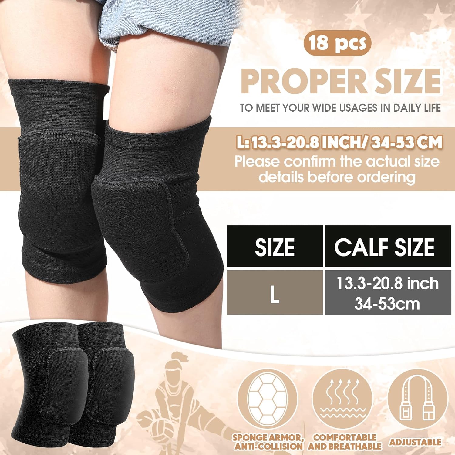 Simgoing 18 Pcs Volleyball Knee Pads for Dancers, Cheerleaders, Breathable Knee Pads for Men Women Kids Knees Protective, Knees Brace for Volleyball Dance Tennis Workout Climbing(L,Black)