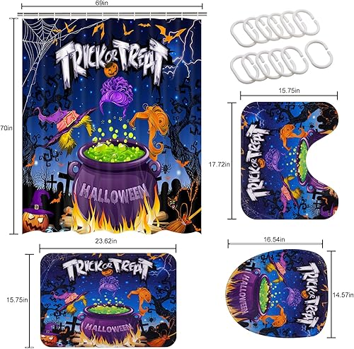 Miniatura 7 de Likiyol Juego de 4 cortinas de ducha de Halloween con alfombras antideslizantes, cubierta para tapa de inodoro y tapete de baño, cortina de ducha de