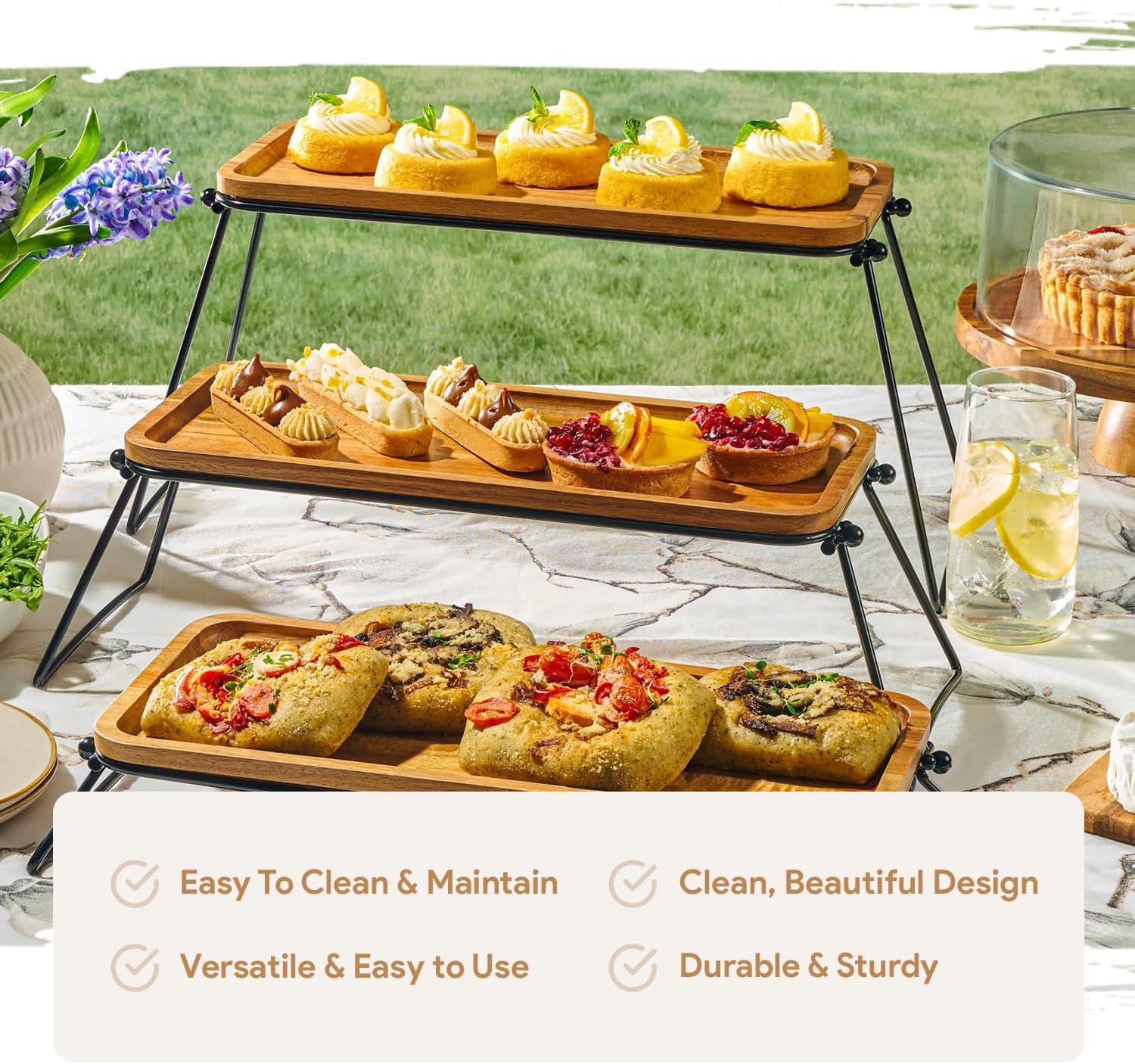 Homesphere 3 Tiered Tray Stand - Acacia Wood 3 Tier Serving Tray, Cupcake, Cake, Charcuterie Boards & Food Stand, Dessert Table Display Set, Wooden Party Serving Platters with Foldable Metal Supports