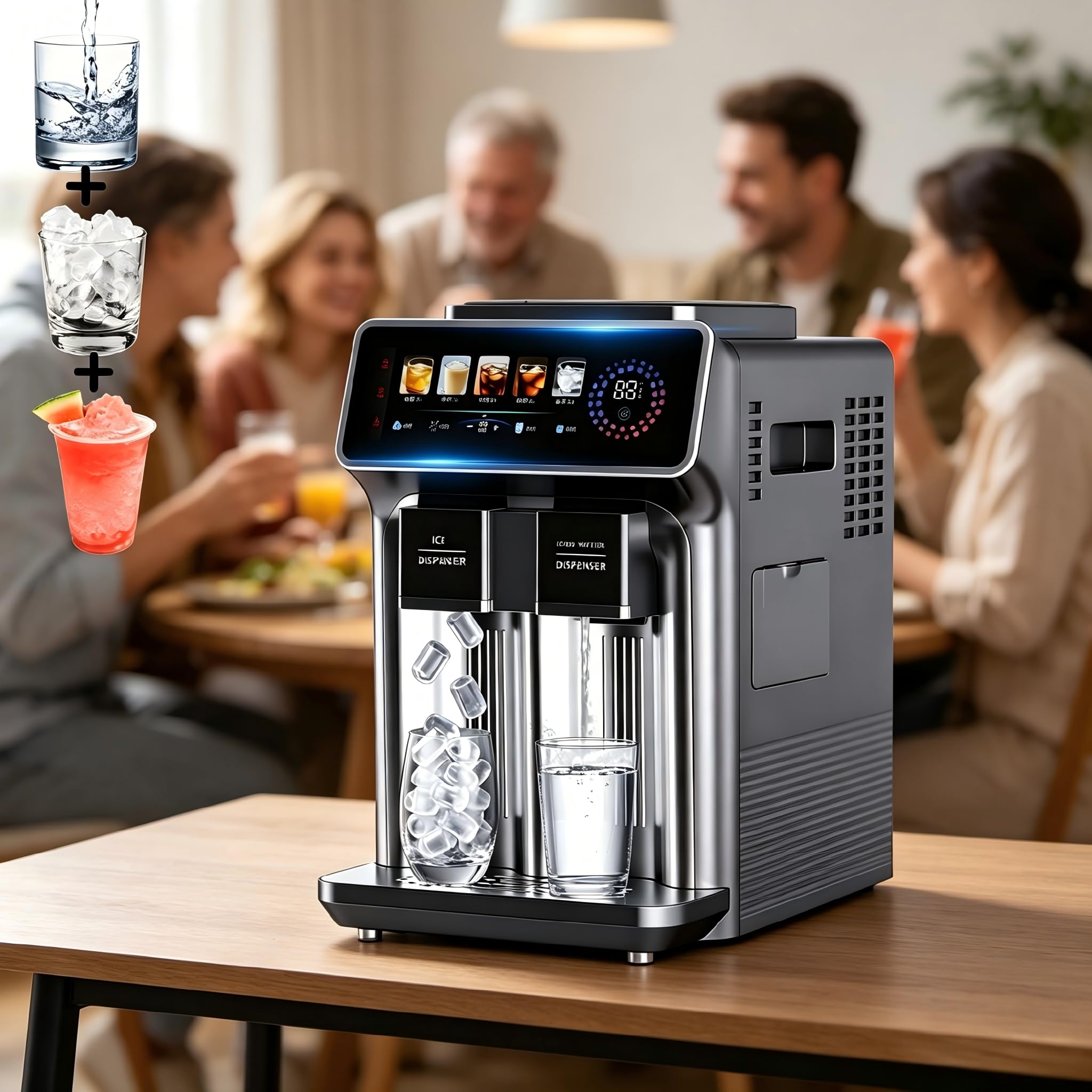 3-in-1 Water Dispenser with Ice Maker,Countertop Nugget Ice Machine with Bullet & Crushed Ice,Cold Water，15KG (33.07 Lbs)/24H,12 Ice Cube/6Min, Self-Cleaning, 1KG (2.20 Lbs) Storage, Home Gray