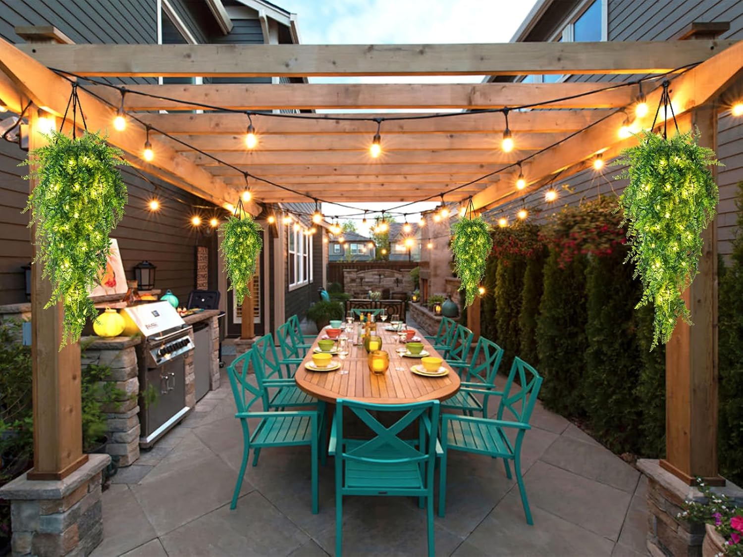 RECUTMS Artificial Boston Ferns 4 Pack Fake Hanging Plants with 30 LED Lights Faux Ivy Vine Leaves Plastic Greenery UV Resistant for Home Bedroom Wall Porch Garden Wedding Decor (Green) - Image 5