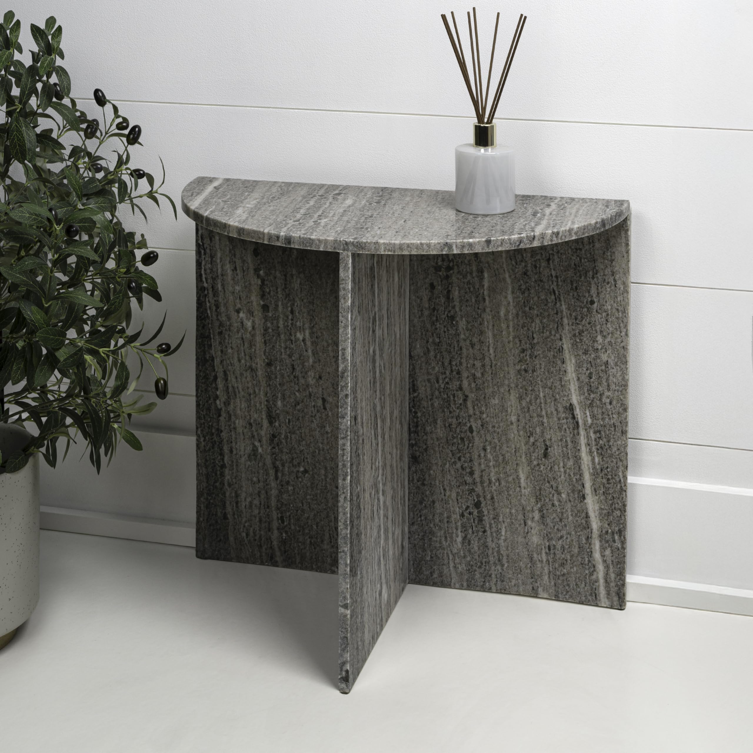 JONATHAN Y MTB1109B Patrice 20" Art Deco Minimalist Natural Marble Handmade Demilune Side Table, Side Table for Living Room, Bedroom, Bathroom, Gray/