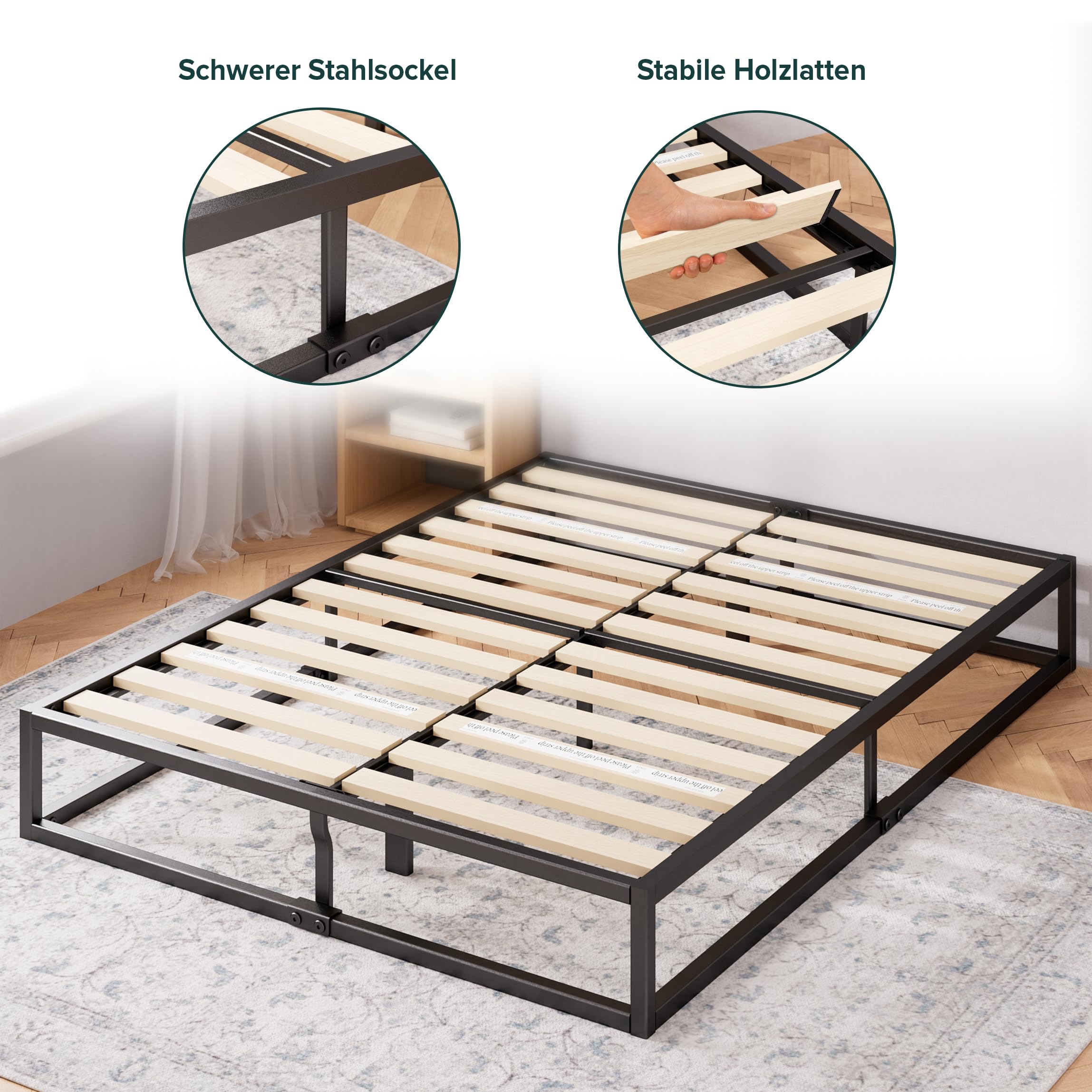 Zinus Joseph Bettgestell 140x200 cm - Metallbett 140x200 mit Lattenrost aus Holz - 25 cm Hohe Plattform mit Freiraum Darunter - Kompakte Verpackung & Einfache Montage - Schwarz