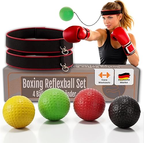 Premium Boxing Reflexball Set, 4 Balls & 2 Headbands, Reflexball for Boxing Training, Kickboxing, Boxball on the Head for Reaction and Training, High Quality Equipment for Every Level