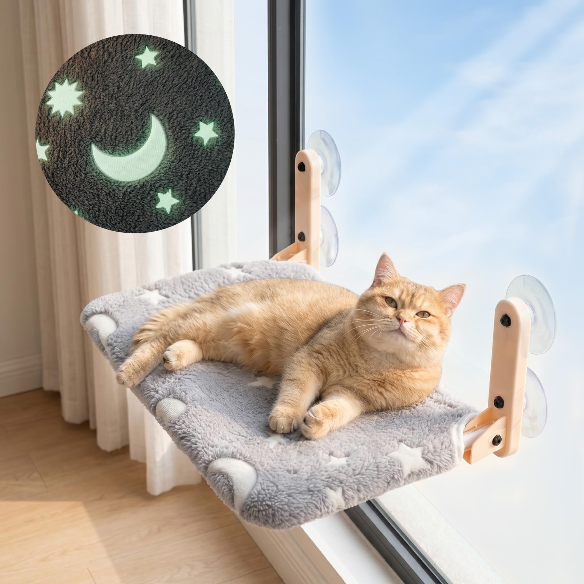 Pet Prime Glow in The Dark Cat Window Bed Foldable Cat Hammock for Window and Wall with 2 Covers Coldless Kitten WindowSill Perch for Up to 20kgs Large Breeds Strudy Metal Frame