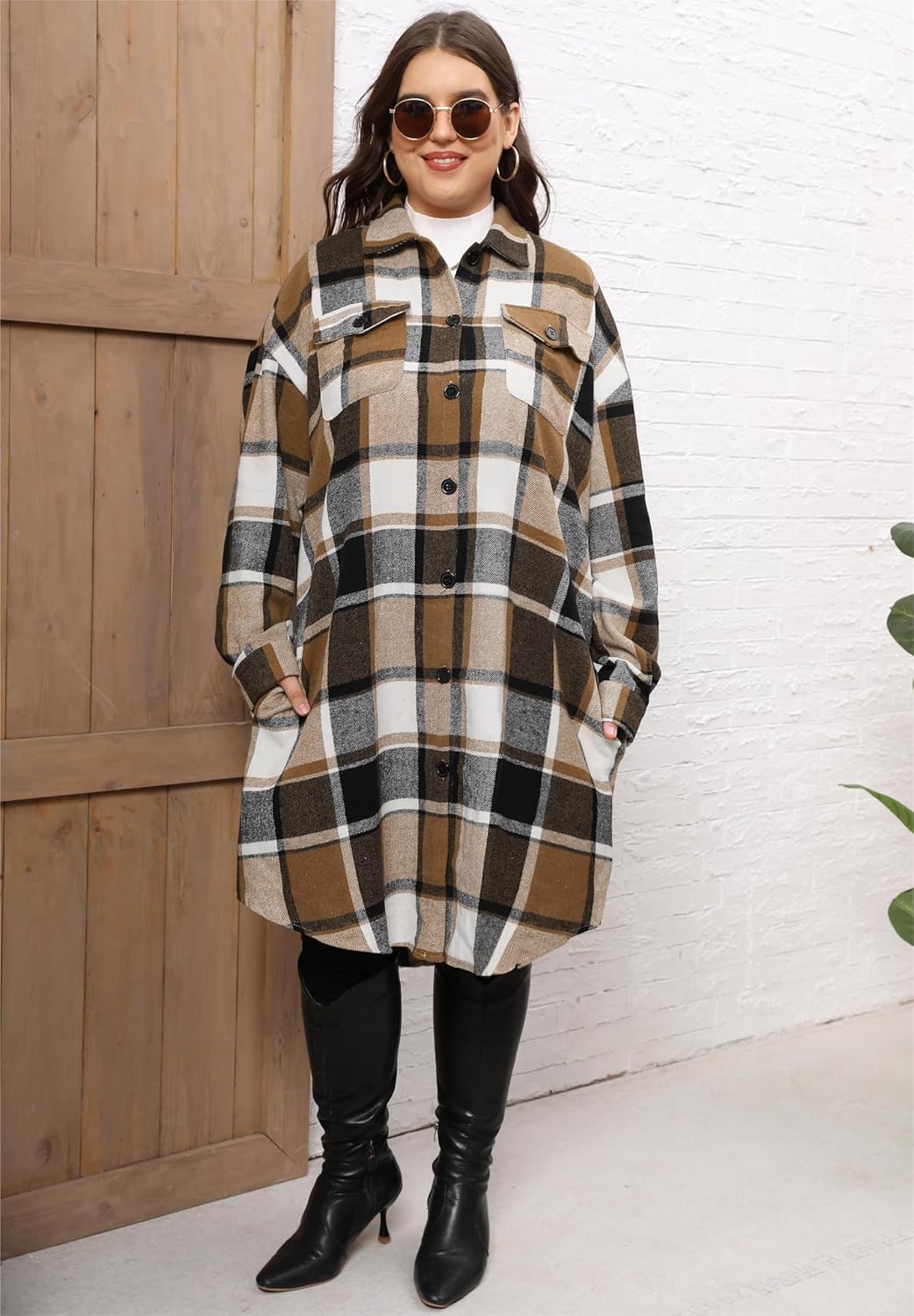 Women's Plus Size Plaid Flannel Shacket Long Shirts Jacket Tartan Boyfriend Oversized Coat Fall Clothes Fashion Outfits - Image 4