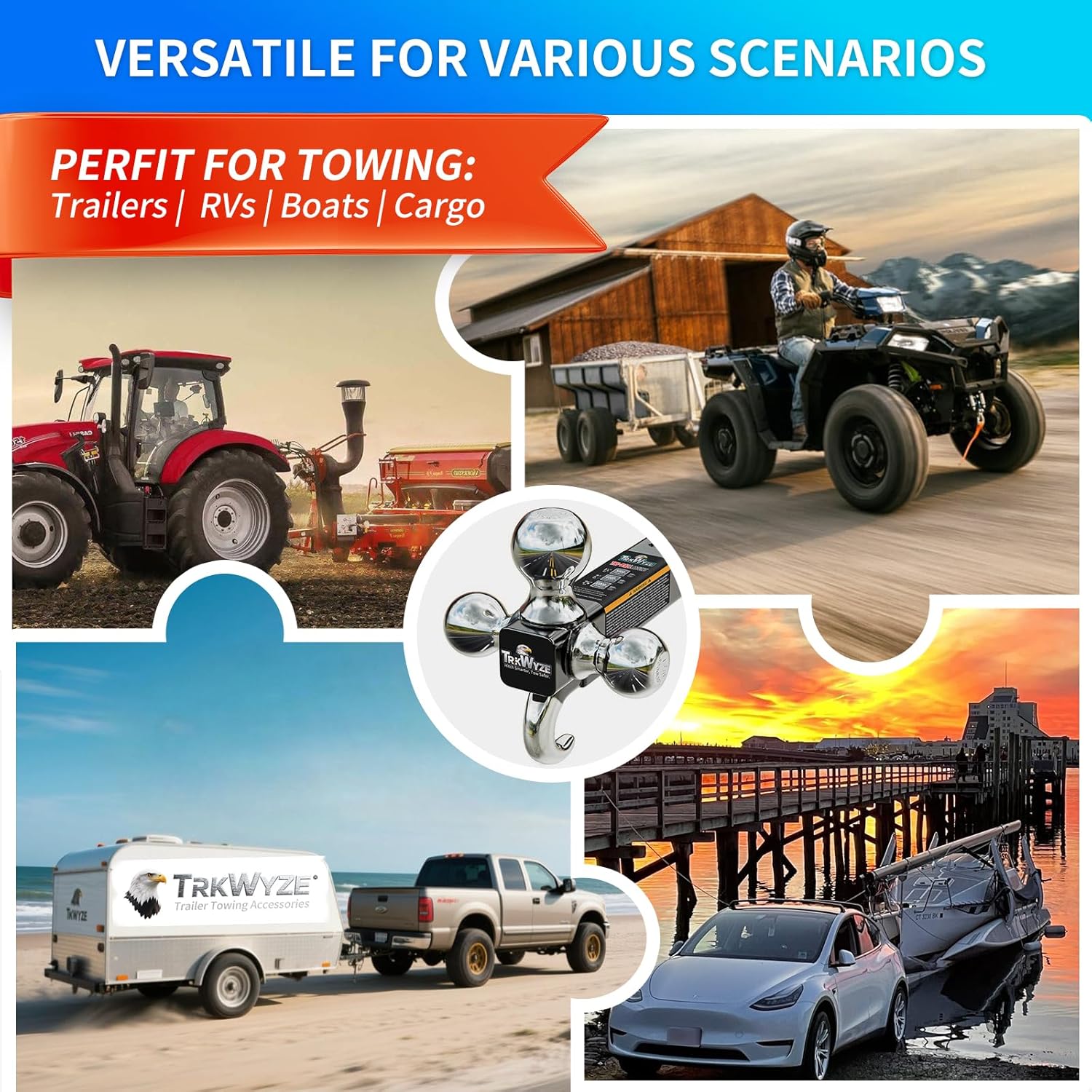 Trailer Hitch Tri-Ball with Hook & Pin Lock, Chrome Trailer Hitch Balls: 1-7/8" Ball, 2" Ball, 2-5/16" Ball Hitch, 10,000 lbs GTW Tow Hitch, Fits 2" Truck Hitch Receiver (Pin Lock)