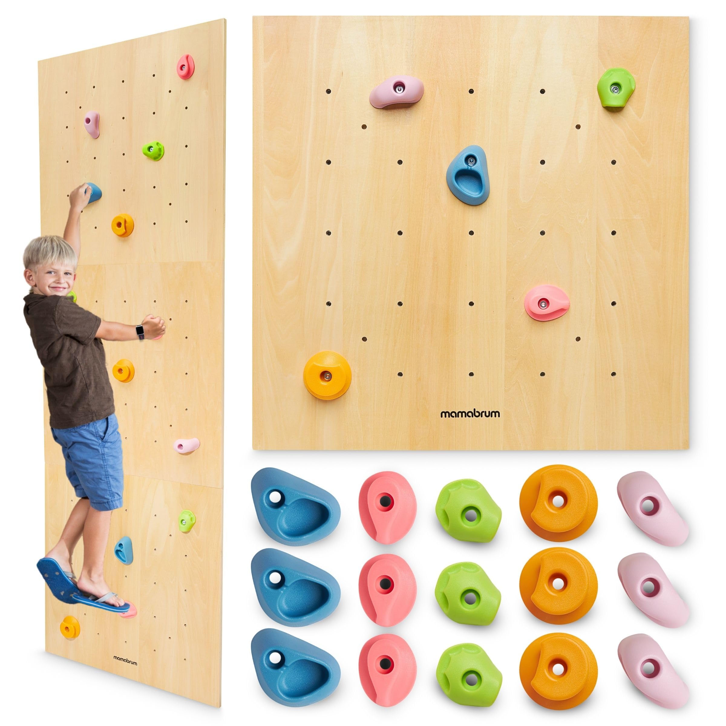 Mamabrum Holzkletterwand für Kinder mit 15 Griffen - 3 Montagepaneele mit Verstellbarkeit - Für Kinderzimmer - Max 100 kg - Ab 3 Jahre - Aktiver Homespaß