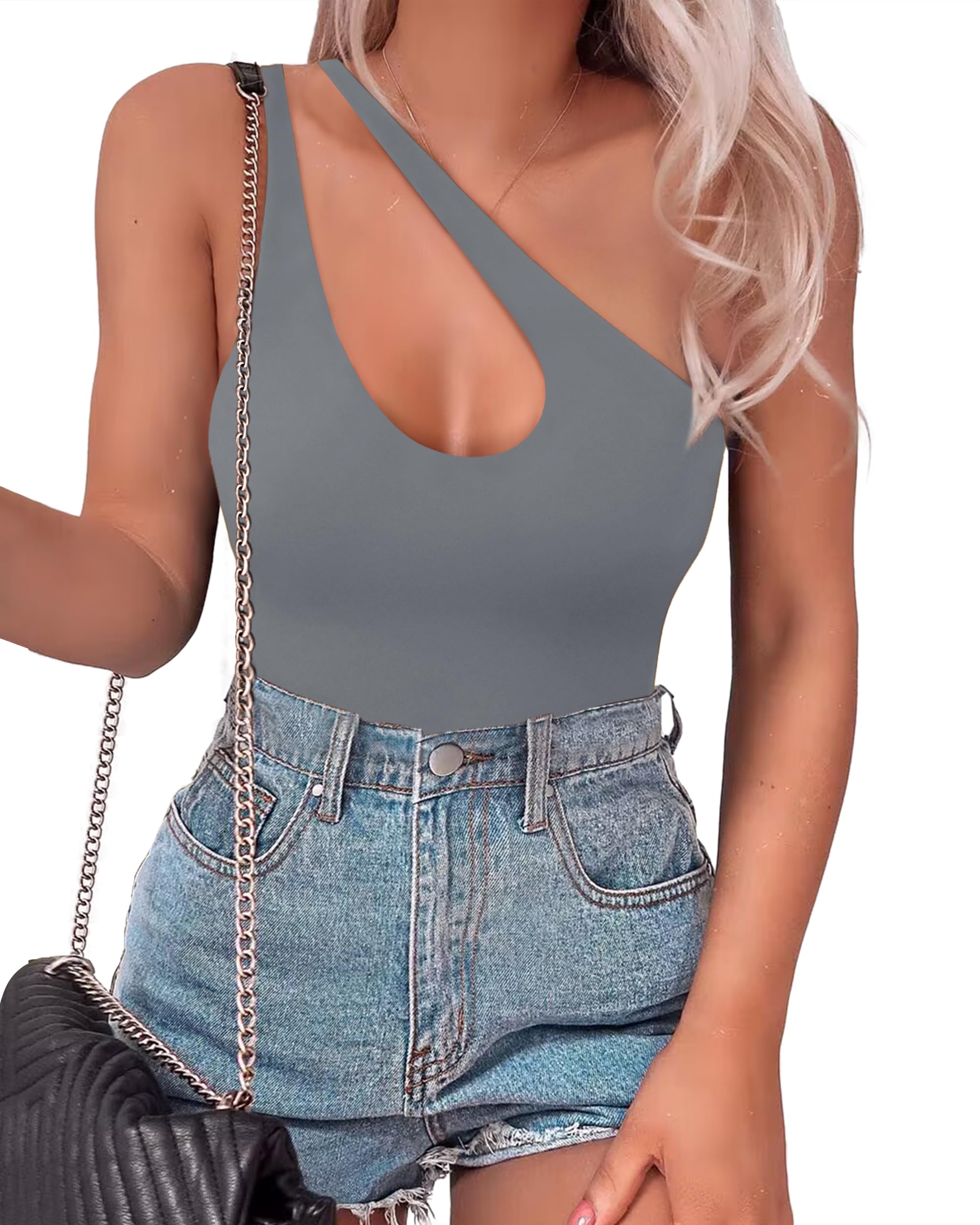 SAUNGKUAI Women's Sexy One Shoulder Sleeveless Cutout Thong Bodysuit Tank Top Body Suits Backless Asymmetrical Going Out Tops