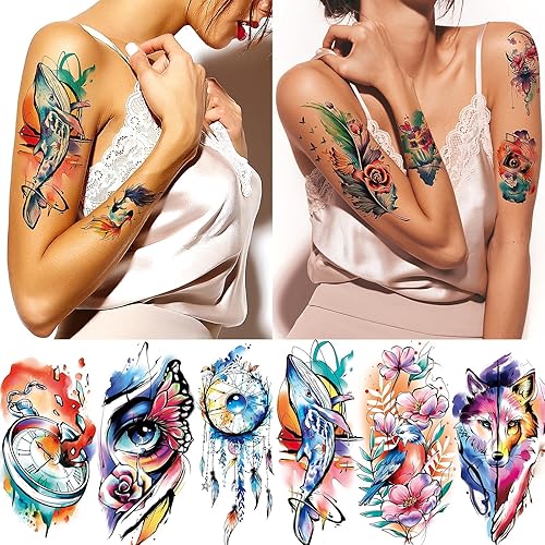 Miniatura 4 de EMOME 79 hojas de tatuajes temporales realistas para mujeres, tatuajes falsos de brazo de acuarela para niñas, tatuajes temporales de larga duración