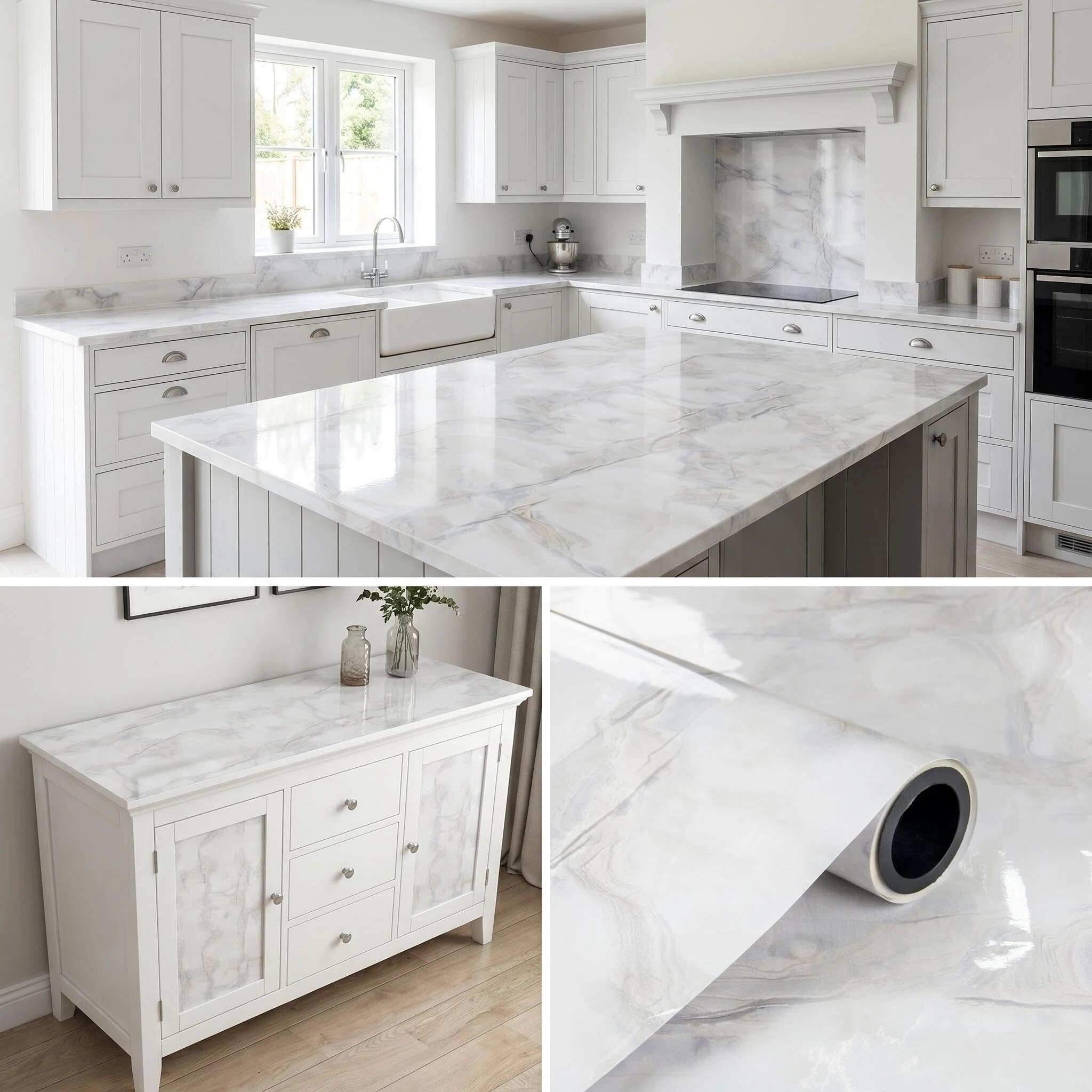FORIVO White Grey Marble Sticky Back Plastic Roll 70 x 300 cm, Kitchen Worktop Vinyl Wrap, Gloss Waterproof Self Adhesive Wallpaper for Countertops, Cupboards and Furniture