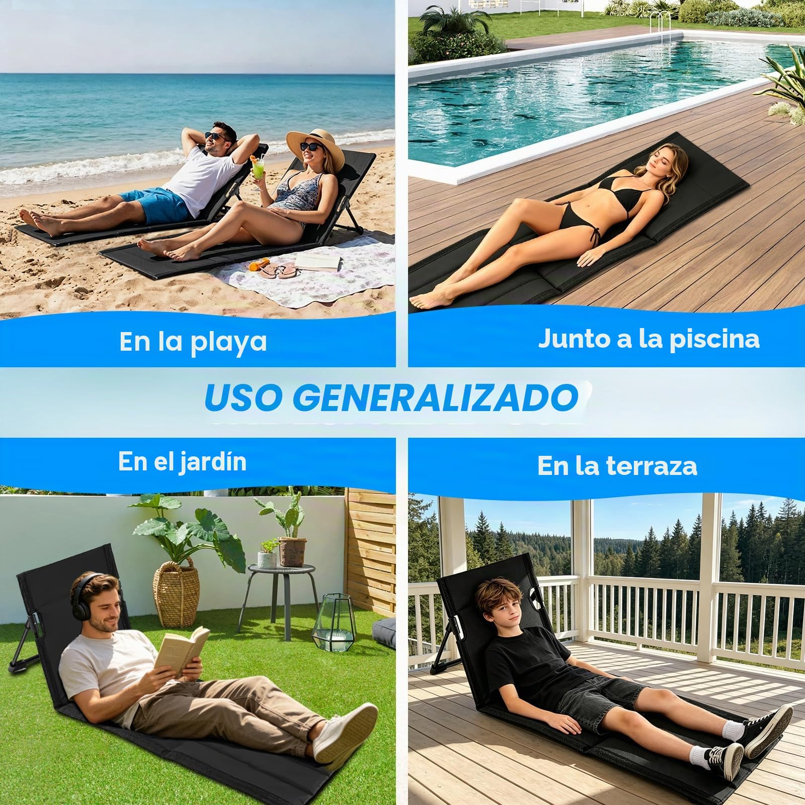 Esterillas de Playa Plegables con Respaldo, Colchoneta de Playa Plegable, Tejido Oxford Impermeable 600D, Tumbona Playa Portátil para Piscina, Jardín y Camping