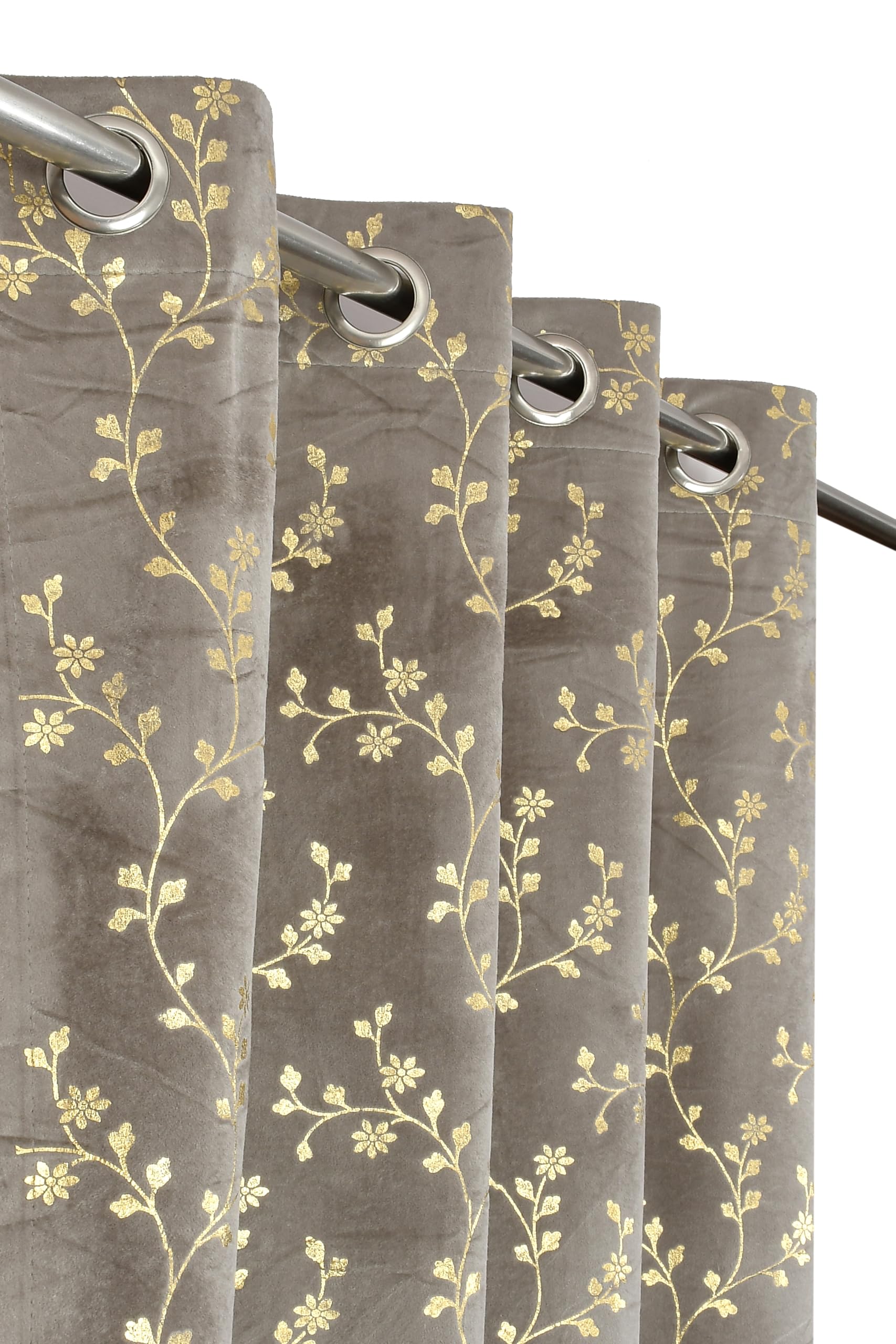 Heavy Velvet Fabric Luxury Looks Room Darkening Floral Designer Semi Sheer Grommet Curtains 8 Feet For Door, Grey, Pack Of 2 Pieces