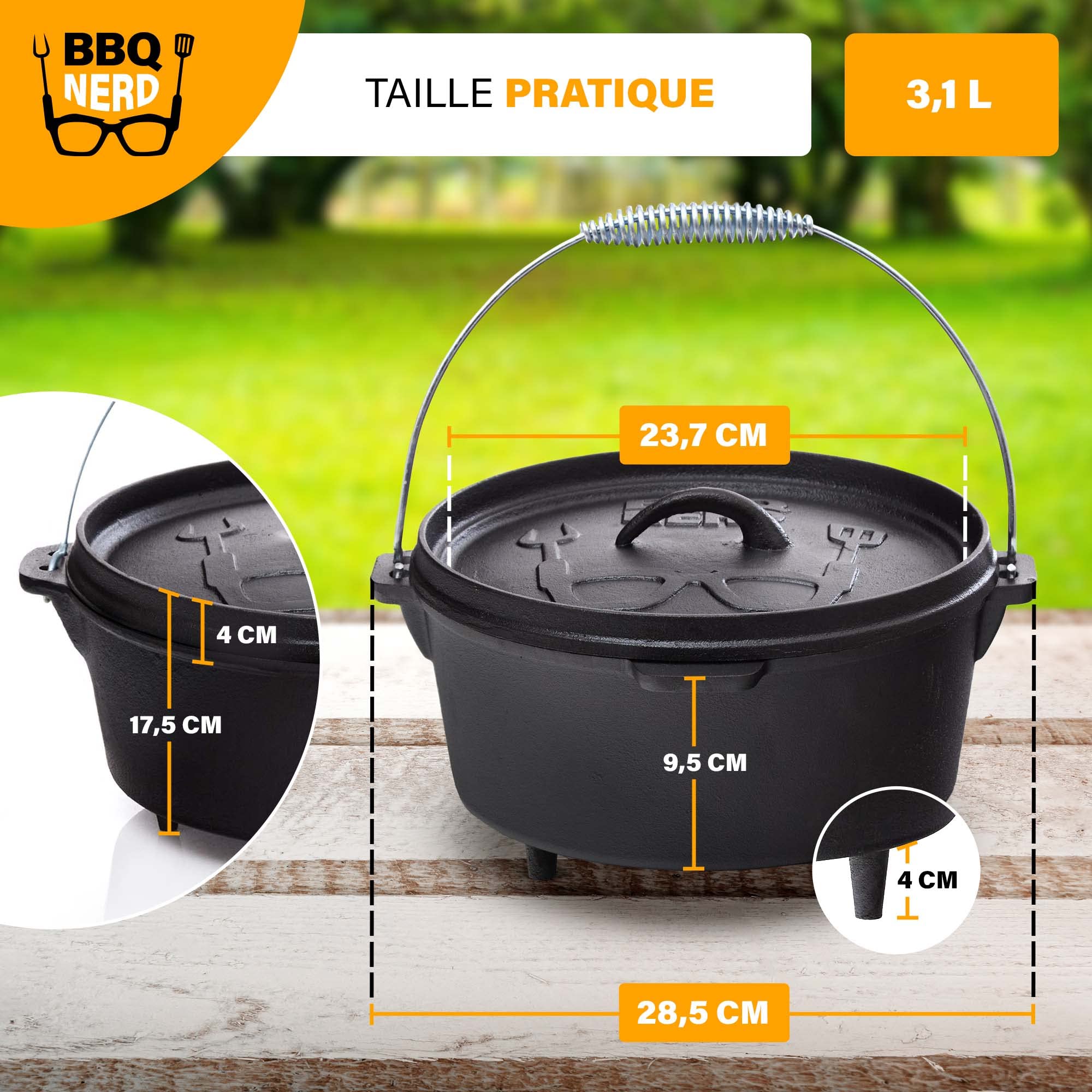 Marmite en fonte Dutch Oven BBQ-Nerd 3,1 l avec pieds déjà brûlé Preseasoned pour camping