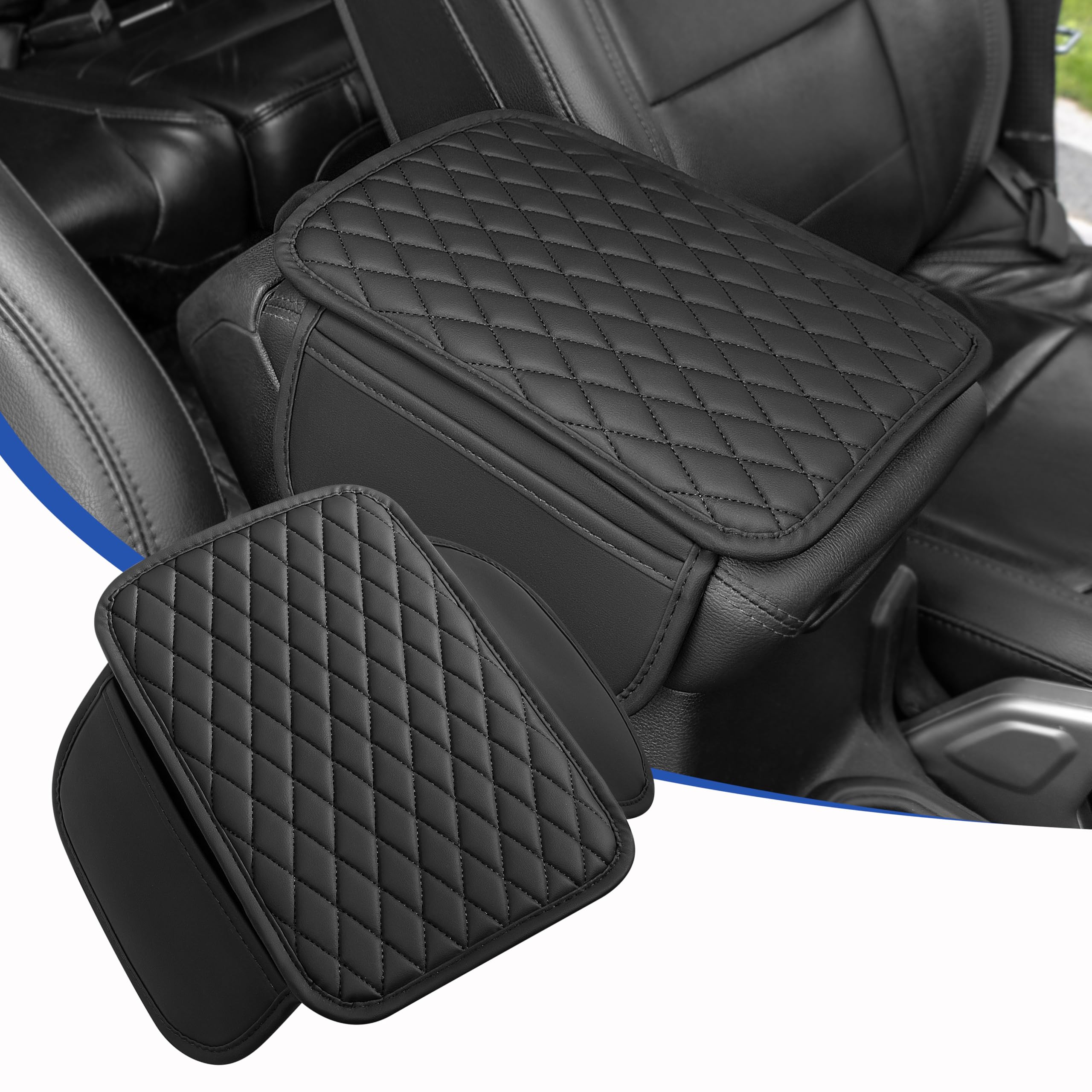 car center console armrest cover with memory foam & side storage, universal pu leather armrest pad protector for most vehicles suv truck, anti-slip cushion with diamond stitching (black)