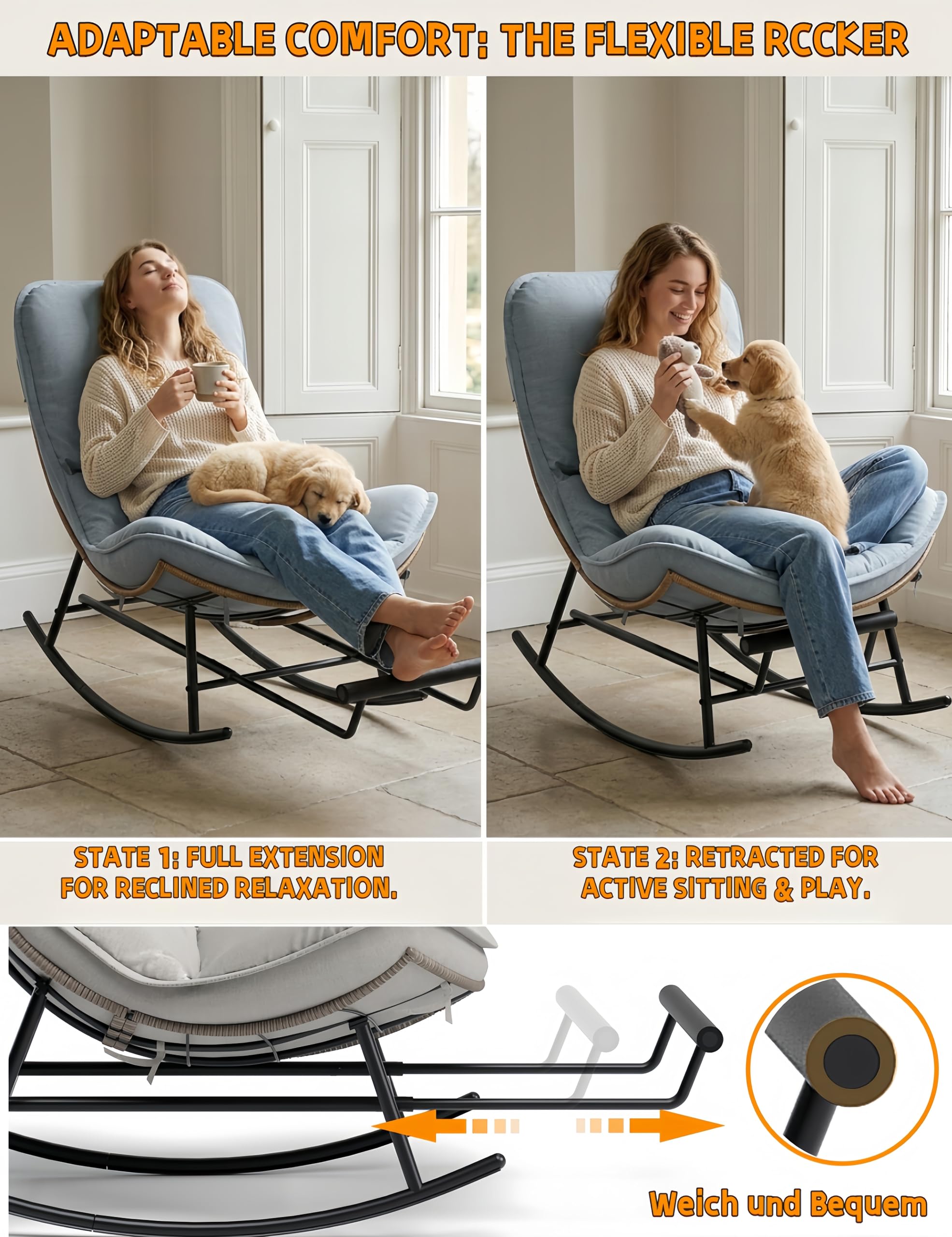 Mecedora con Extensible Reposapiés & Cojín Extraíble, Sillón Mecedora Relax Ergonómico, Carga 200KG Extragrande, Rocking Chair Ratán Resistente Intemperie para Interior y Exterior, Jardín, Salón