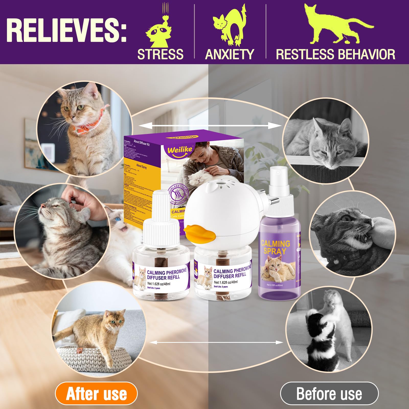 Diffuseur Et Spray Calmants De Phéromones pour Chats,Soulagement du Stress Réduisent Les Bagarres Et Les Griffures,Solution Sûre Et Efficace pour Les Chats Anxieux (2 Recharge+1 Spray)