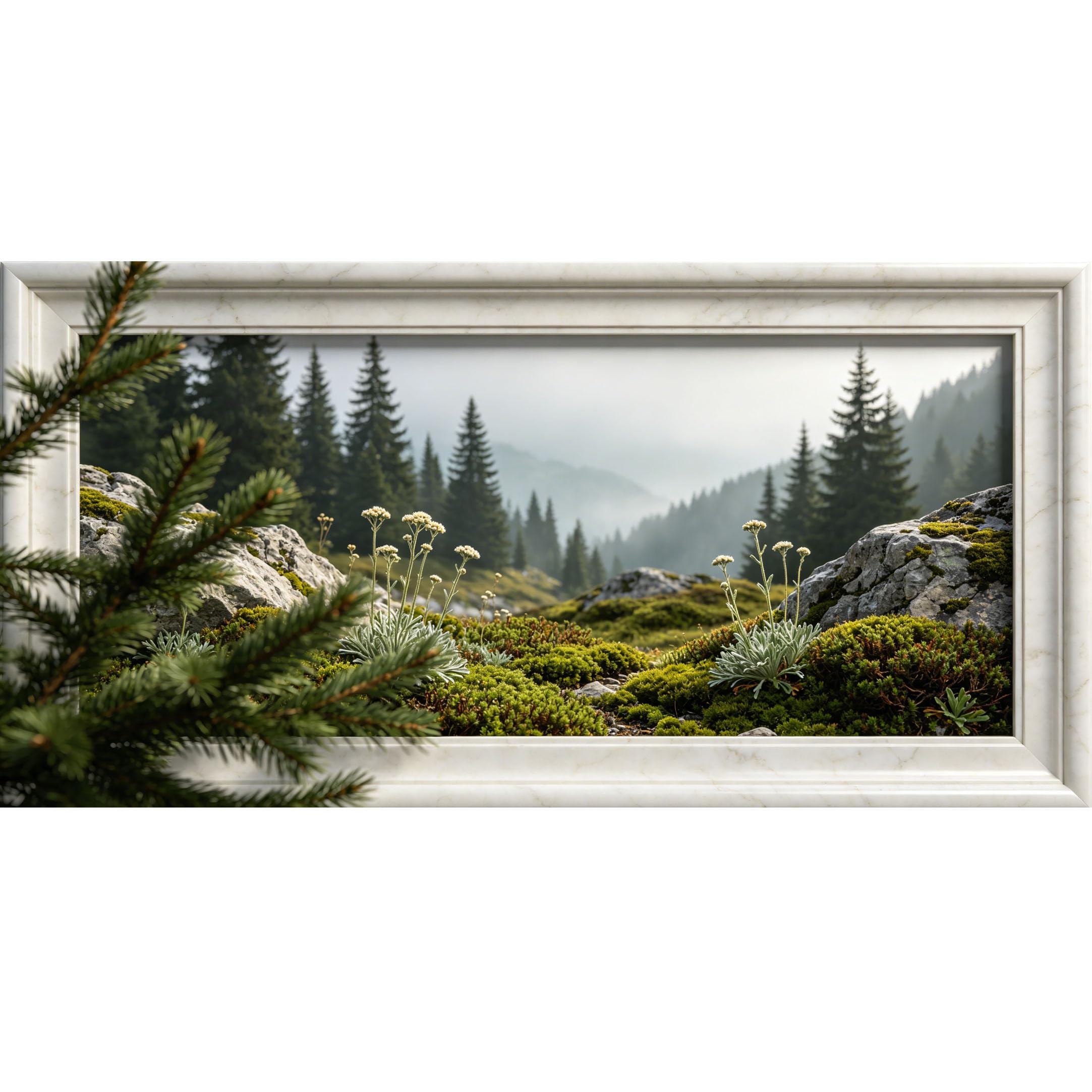 Agglomerix 3D Framed Wall Art Misty Mountain Forest Landscape Pine Needle Stone Moss Flora Relief Effect Large Size SelfAdhesive Removable Wall Decor Prints Artwork for Living Room Bedroom Office