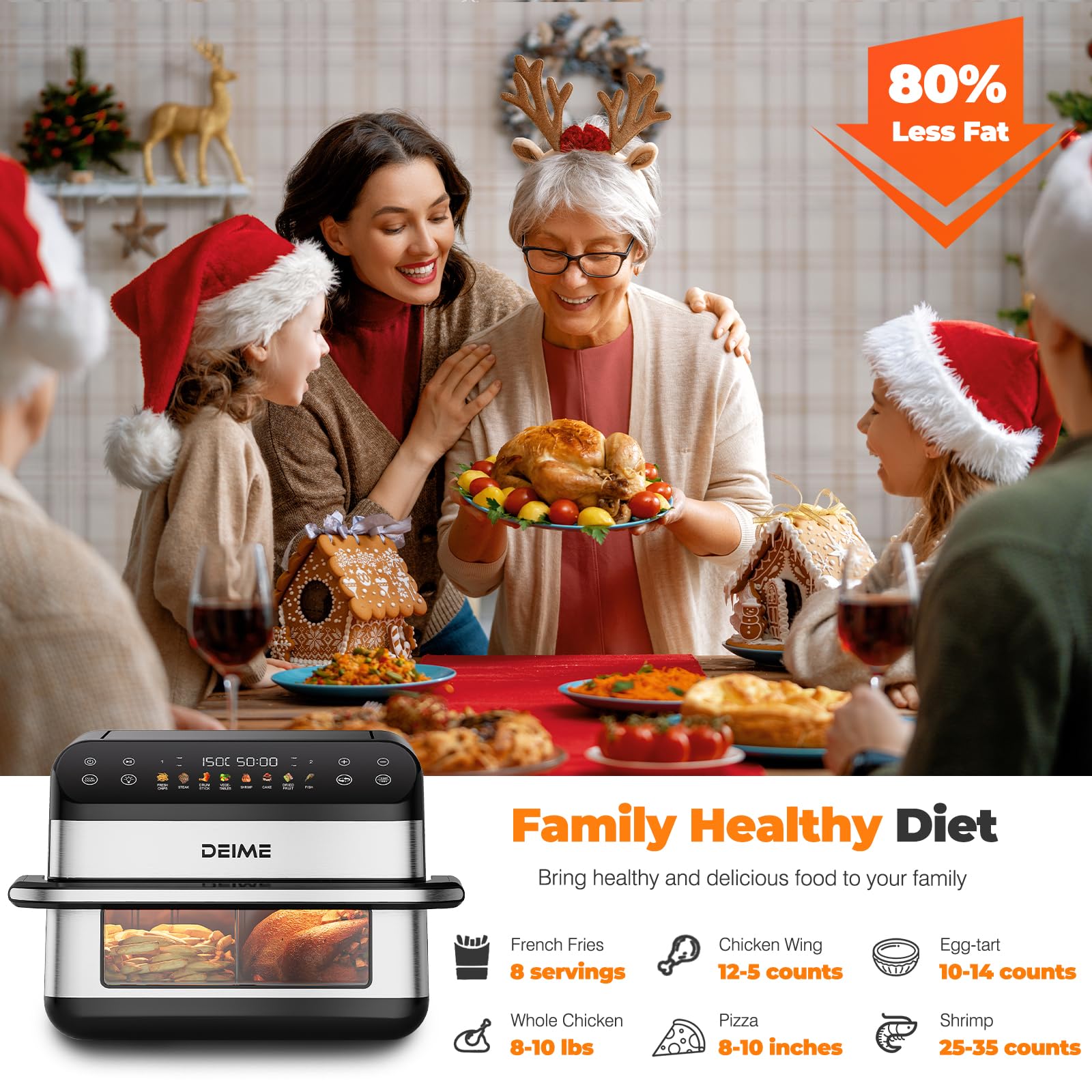DEIME Dual Zone Air Fryer 10L Double 2400W Large Capacity Oven Air Fryers Healthy Cooker with 8 Preset, Large AirFryer for Families Visual Cooking Window, Non-Stick Basket