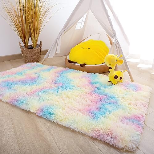 Miniatura 3 de Noahas Alfombra esponjosa de arcoíris para dormitorio de niñas, alfombras peludas para sala de juegos de niños, alfombras Kawaii mullidas para