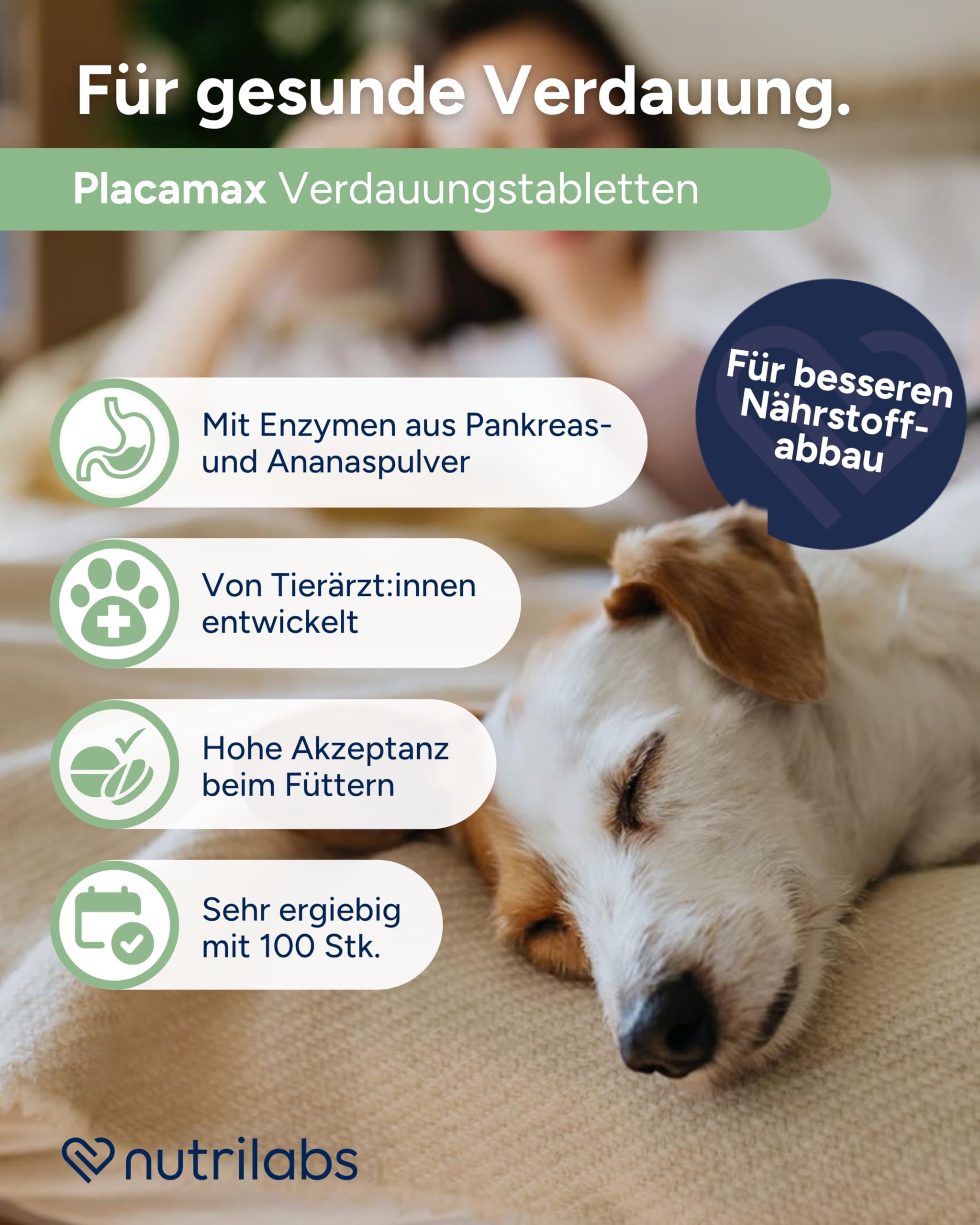 NutriLabs Placamax® Tabletten für Hunde 100 Stk. - Tabletten für Verdauung mit Ananaspulver, Vitamine, Pankreaspulver etc. - Gesundheitsprodukte für Hunde - Nahrungsergänzungsmittel Hund