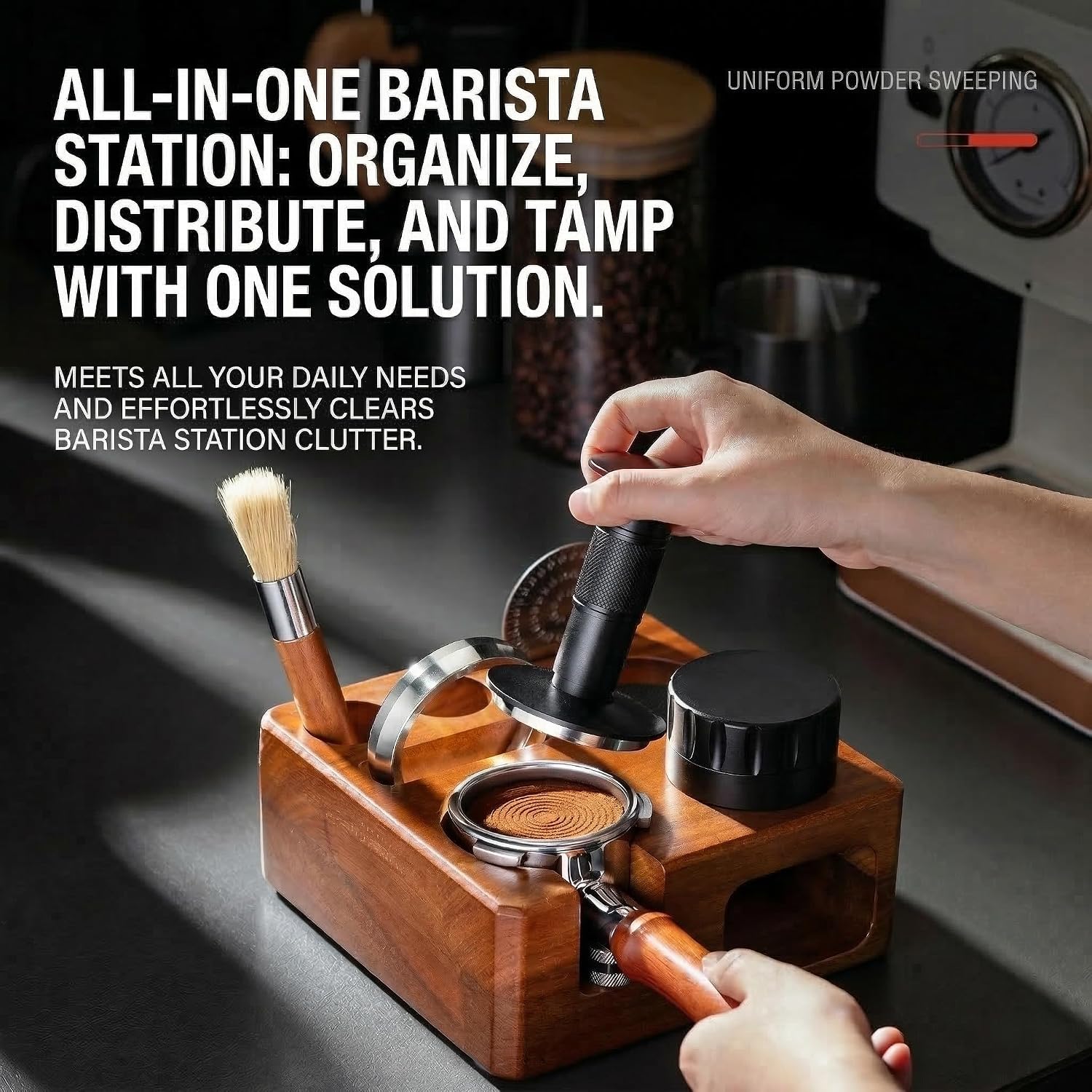 Espresso Tamping Station, Adjustable Walnut Coffee Station Organizer Compatible with 51mm 54mm Portafilter, Wood Tamper Holder for Espresso Machine Accessories Storage