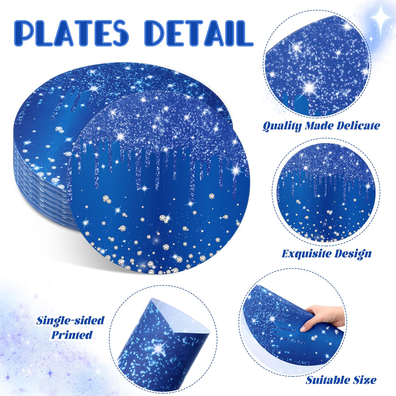 Dispowreath 120 manteles individuales de papel azul con diamantes con purpurina redondos, desechables, manteles decorativos para comedor, boda, cumpleaños, banquete con purpurina azul, 13 pulgadas