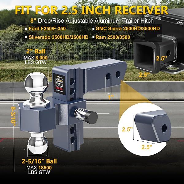 Adjustable Trailer Hitch, Drop Hitch for 2.5 Inch Receiver, 6 inch Aluminum Truck Hitch, 2 and 2-5/16 inch Balls, 18,500 LBS GTW, Tow Hitches with Two Anti-Theft Locks - 2
