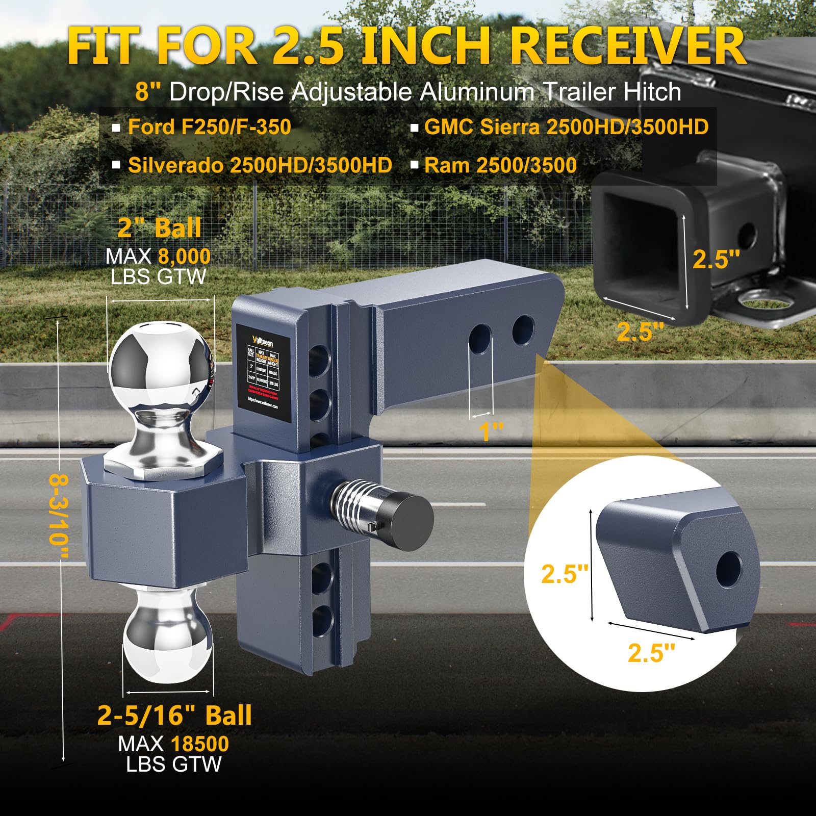 Adjustable Trailer Hitch, Drop Hitch for 2.5 Inch Receiver, 6 inch Aluminum Truck Hitch, 2 and 2-5/16 inch Balls, 18,500 LBS GTW, Tow Hitches with Two Anti-Theft Locks — view 2