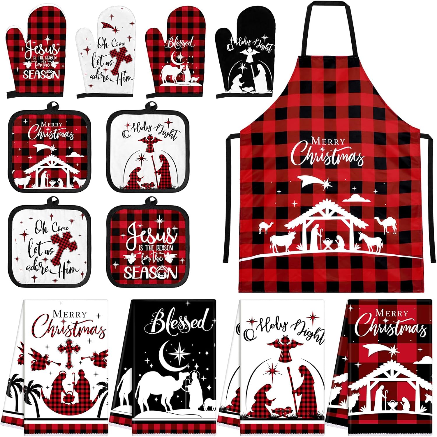 Newcotte 13 Pcs Christmas Nativity Scene Kitchen Towels Apron Pot Holders Oven Mitts Set 4 Plaid Dish Tea Hand Towels 4 Red Black Oven Gloves 4 Hot Pads 1 Apron for Christmas Themed Souvenirs Gifts