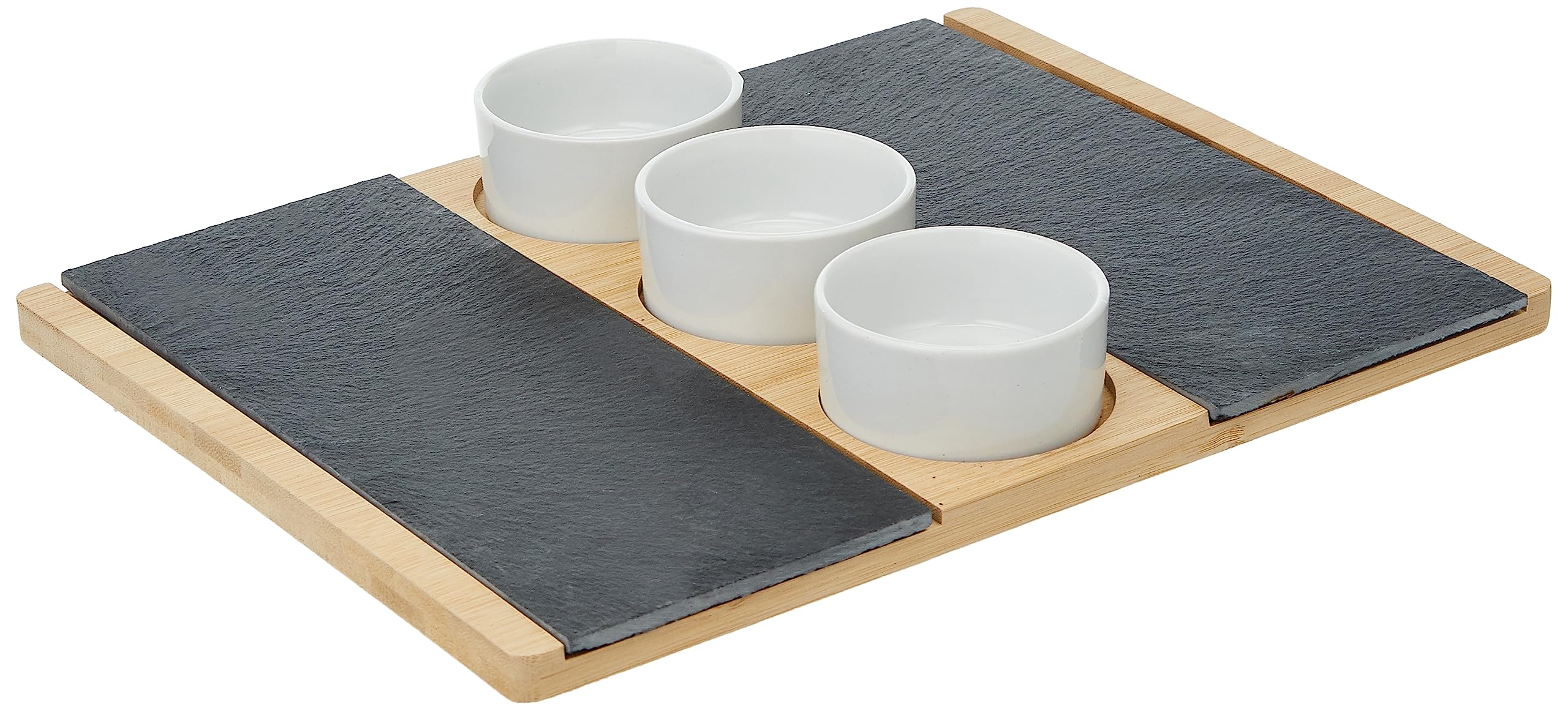 Cuisine Art Bamboo and Slate Serving Plate & 3 white Ceramic Bowls
