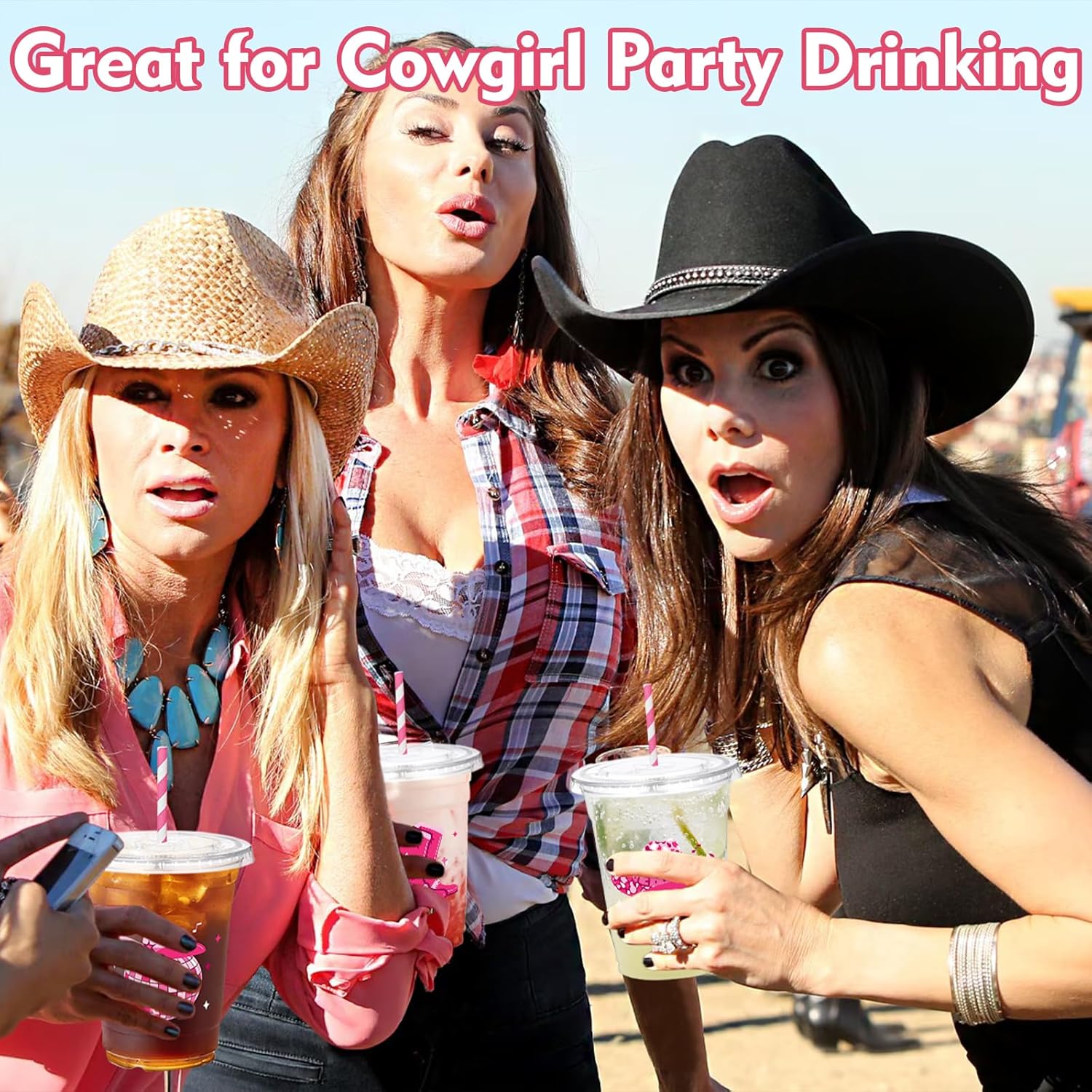100 Sets Pink Cowgirl Disco Plastic Cups with Staws & Lids, 12 oz Western Cowgirl Disposable Cups Cowgirl Clear Party Cups for Western Party Birthday Baby Shower Last Rodeo Supplies