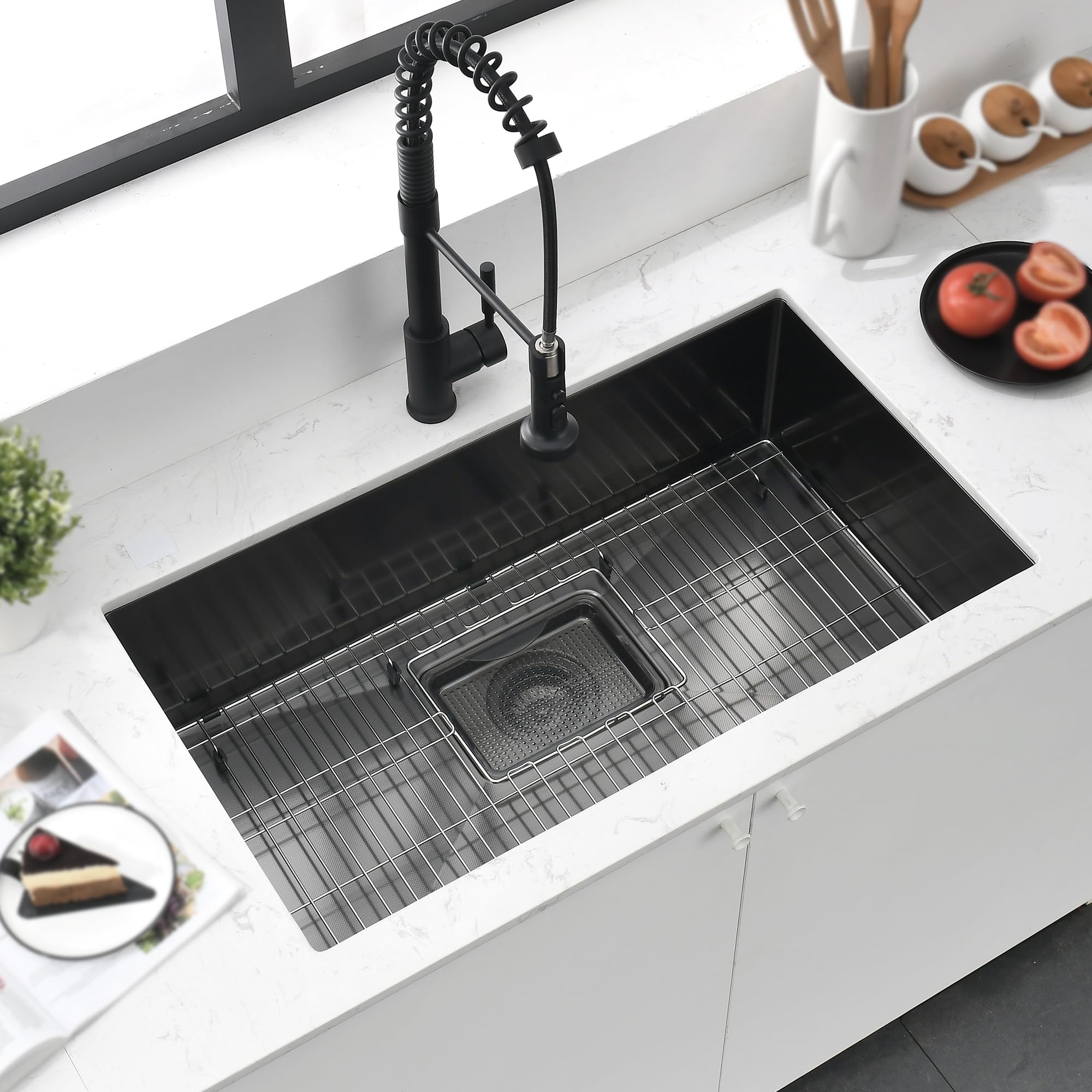 Undermount 71 x 46 cm duży czarny zlew kuchenny ze stali nierdzewnej pojedyncza miska z dolną siatką i montażem odpływowym - nowoczesny design do modernizacji kuchni, łatwa instalacja