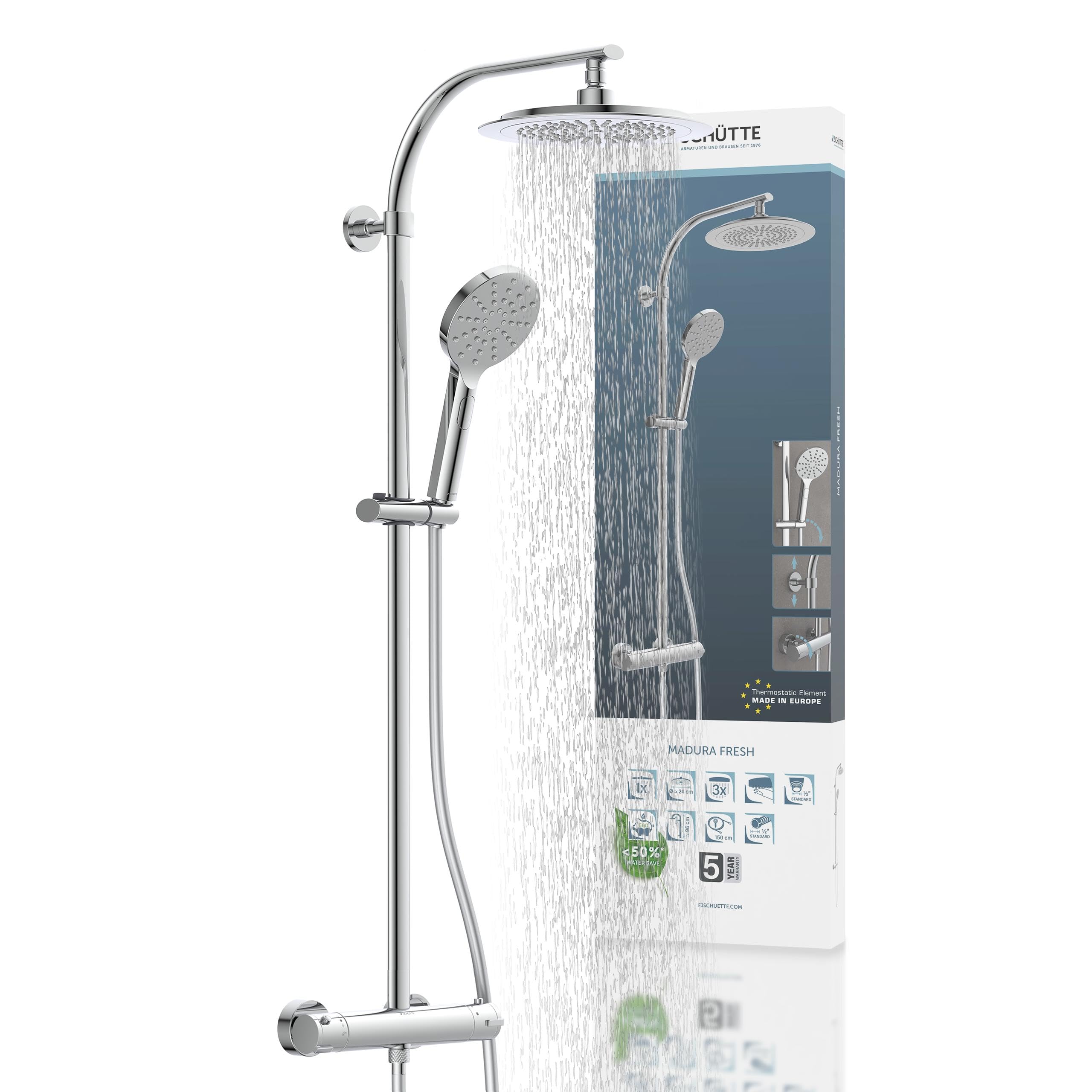 Schütte MADURA System termostatowy, zestaw dużych efektów deszczowych (Ø 24 cm) i regulowany prysznic, zestaw drążka, kolumna, panel prysznicowy, chrom, stal nierdzewna, (B x H x T): ok. 240 x 1010 x