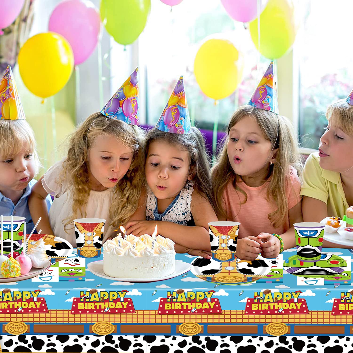 Set di 61 pezzi di stoviglie per feste Toy Story, decorazioni per feste di compleanno per bambini, comprensivo di bicchieri, piatti, tovaglia e tovaglioli, per 20 ospiti