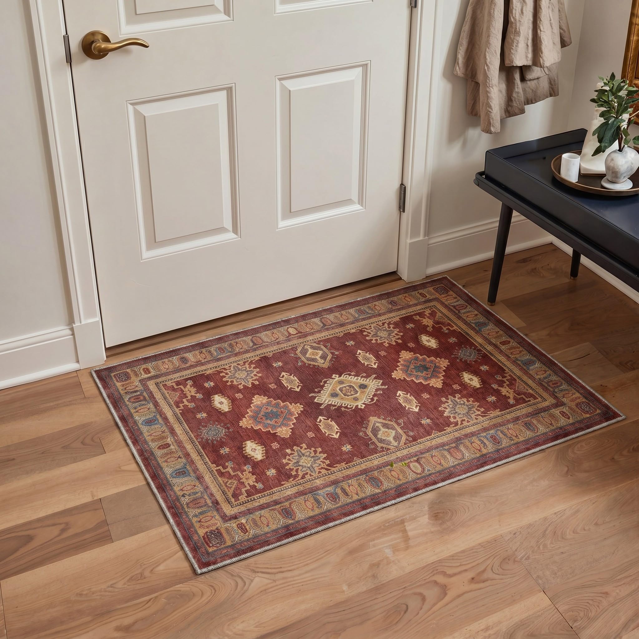 BEIMO Small Door Mat 60x90cm, Washable Non Slip Mat Red Geometric — image 1