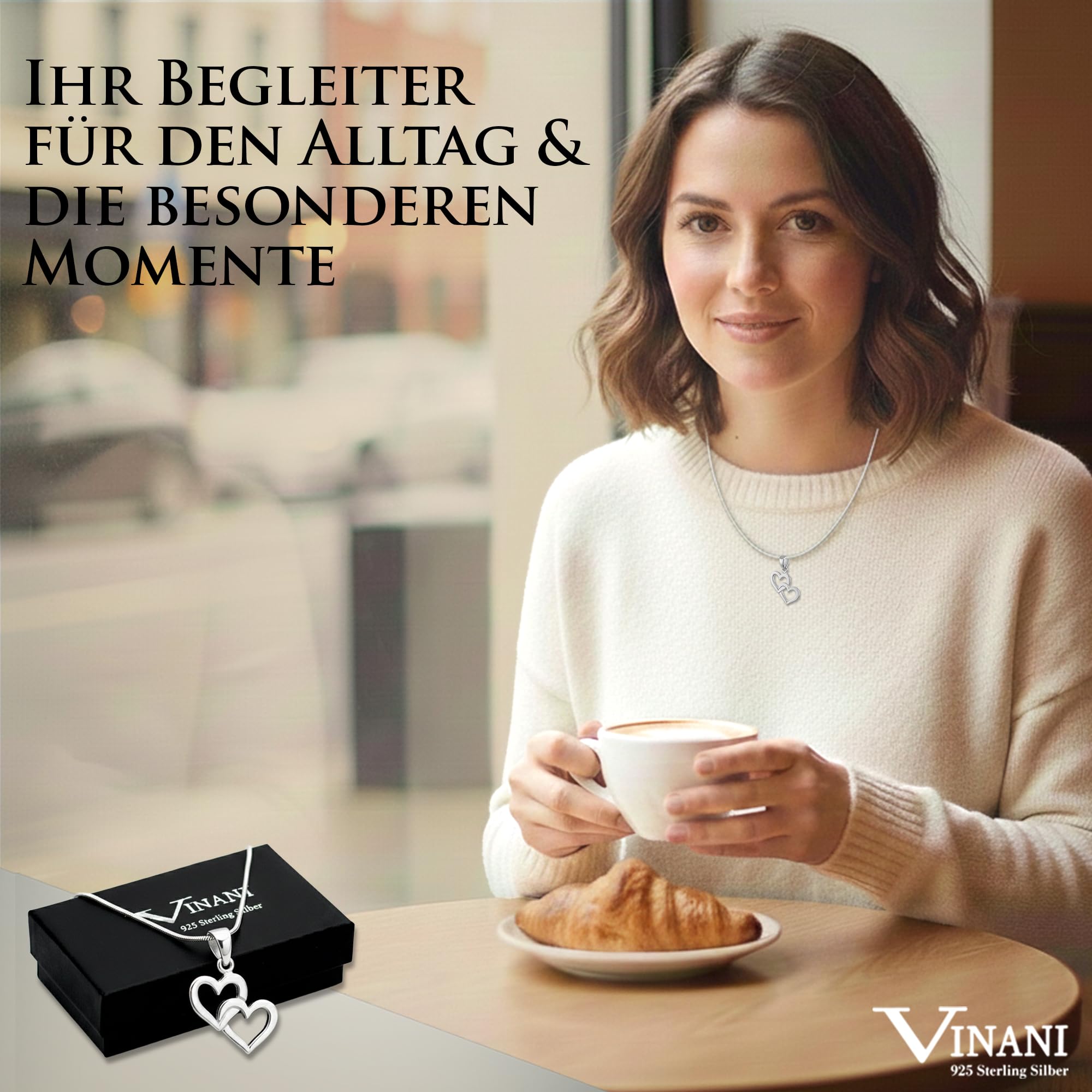 Herzkette 925 Sterling Silber mit 2 verbundenen Herzen für Damen, AAH-S | Glänzender Anhänger, Schlangenkette, nickelfrei, antiallergisch, langlebig verarbeitet, designed in Deutschland.