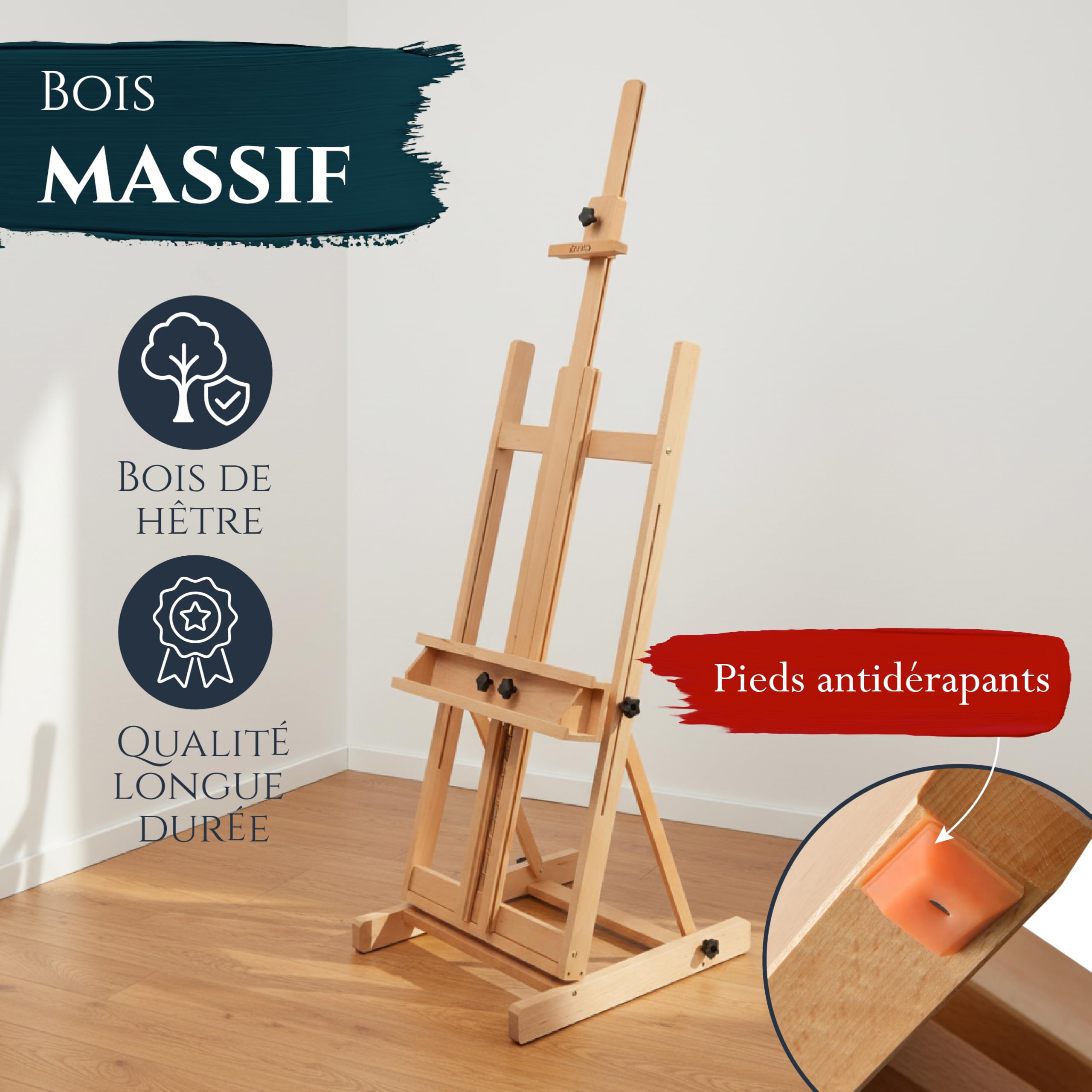 Artina grand chevalet de peinture en bois de hêtre massif pour châssis
