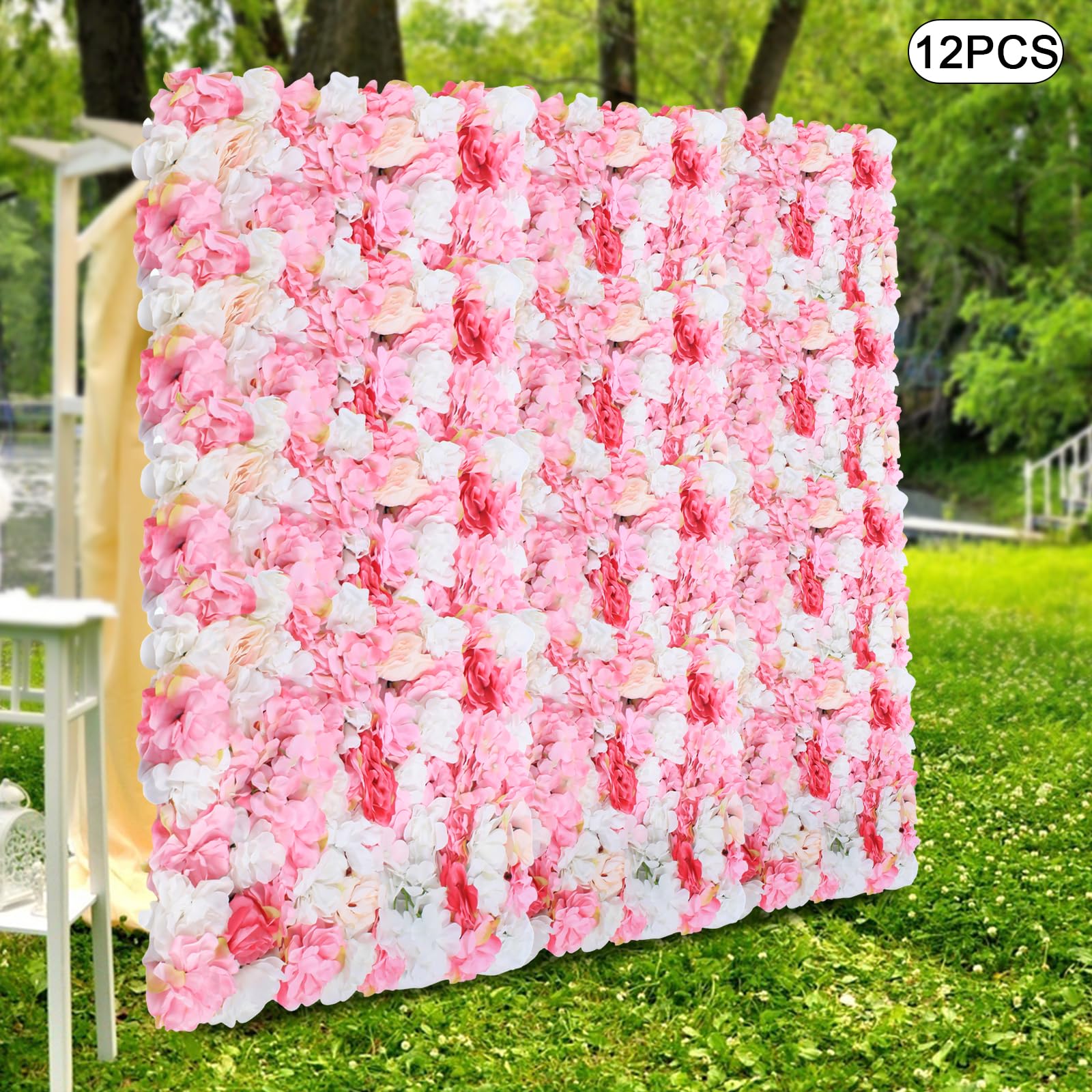 12er Set Künstliche Blumenwand 60x40cm Paneel Kunstblumen Rosa Weiß Deko | Dichte Seidenblumen Mit Rosen Dahlien Hortensien Und Gitterrückseite Für Hochzeit Event Fotowand Oder Balkon Dekoration