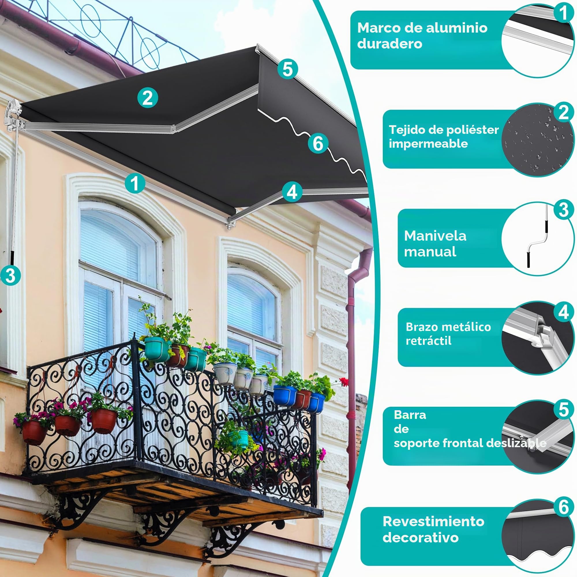 NAIZY Toldo Basculante Aluminio para Balcón Terraza (3,6x3m) - Gris Oscuro