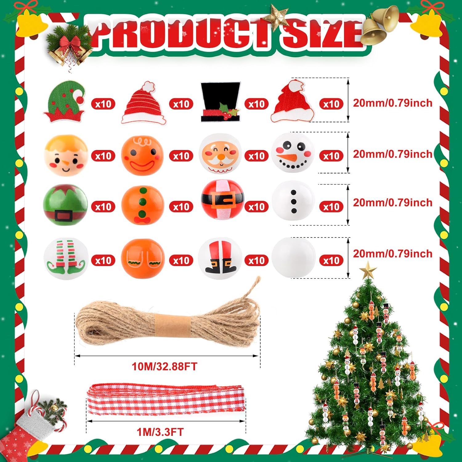 160Pcs DIY Christmas Wood Beads with Snowman Wooden Bead Twine Xmas Santa Gingerbread Man Round Beads for Crafts DIY Christmas Winter Party Supplies Decor Ornaments - Image 2